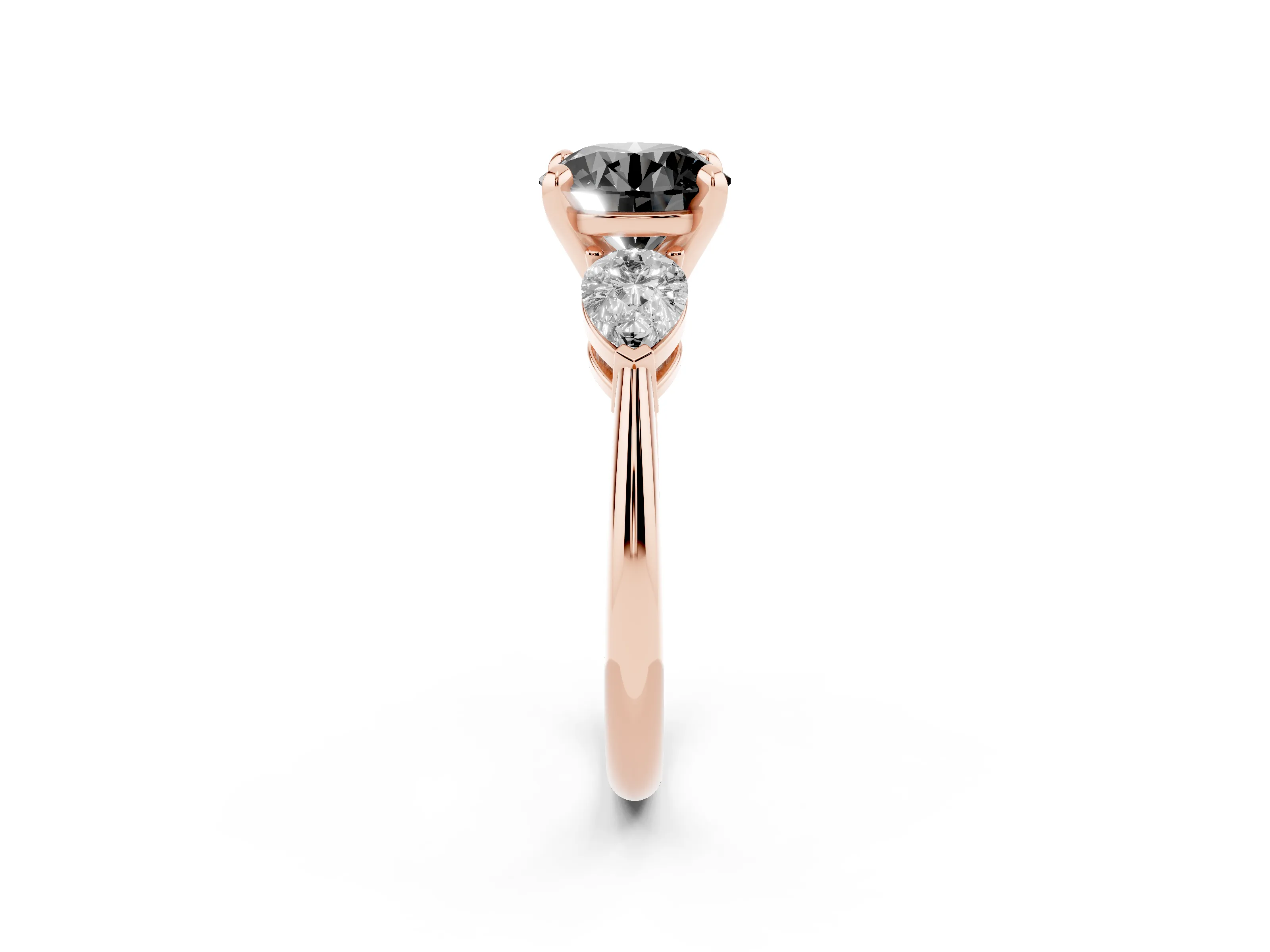 Fancy Black Three-Stone Round Cut Diamond Ring Set in Rose gold with Pear Side Stones and Prong Setting