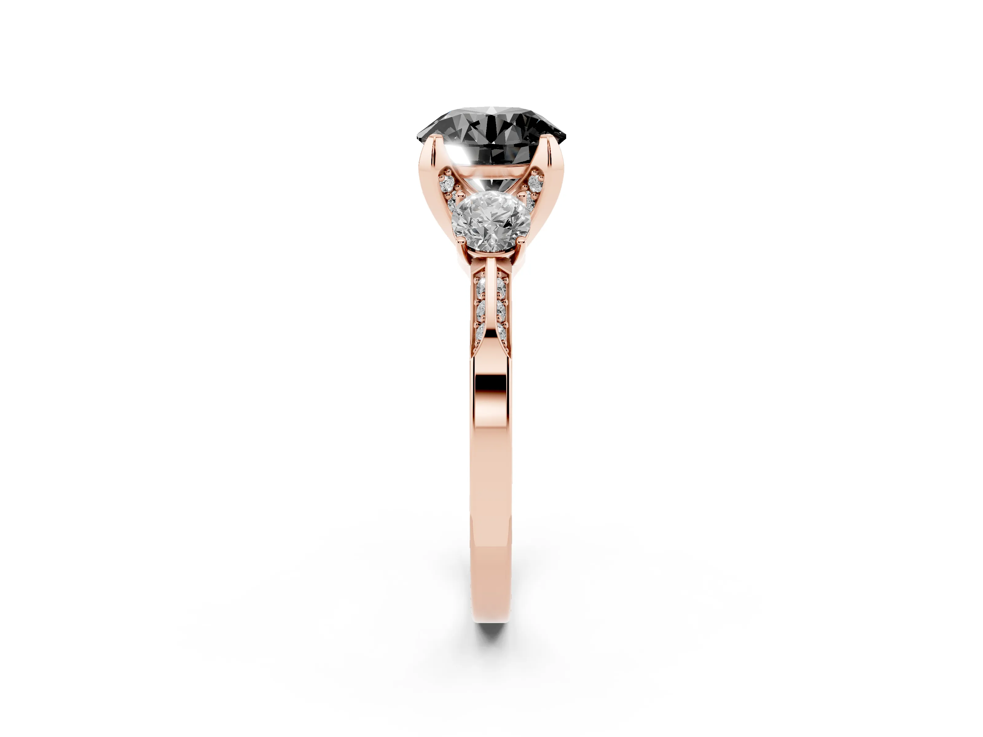 Fancy Black Round Cut Diamond Three-Stone Ring Set in Rose gold with Pavé Band and Smaller Side Stones