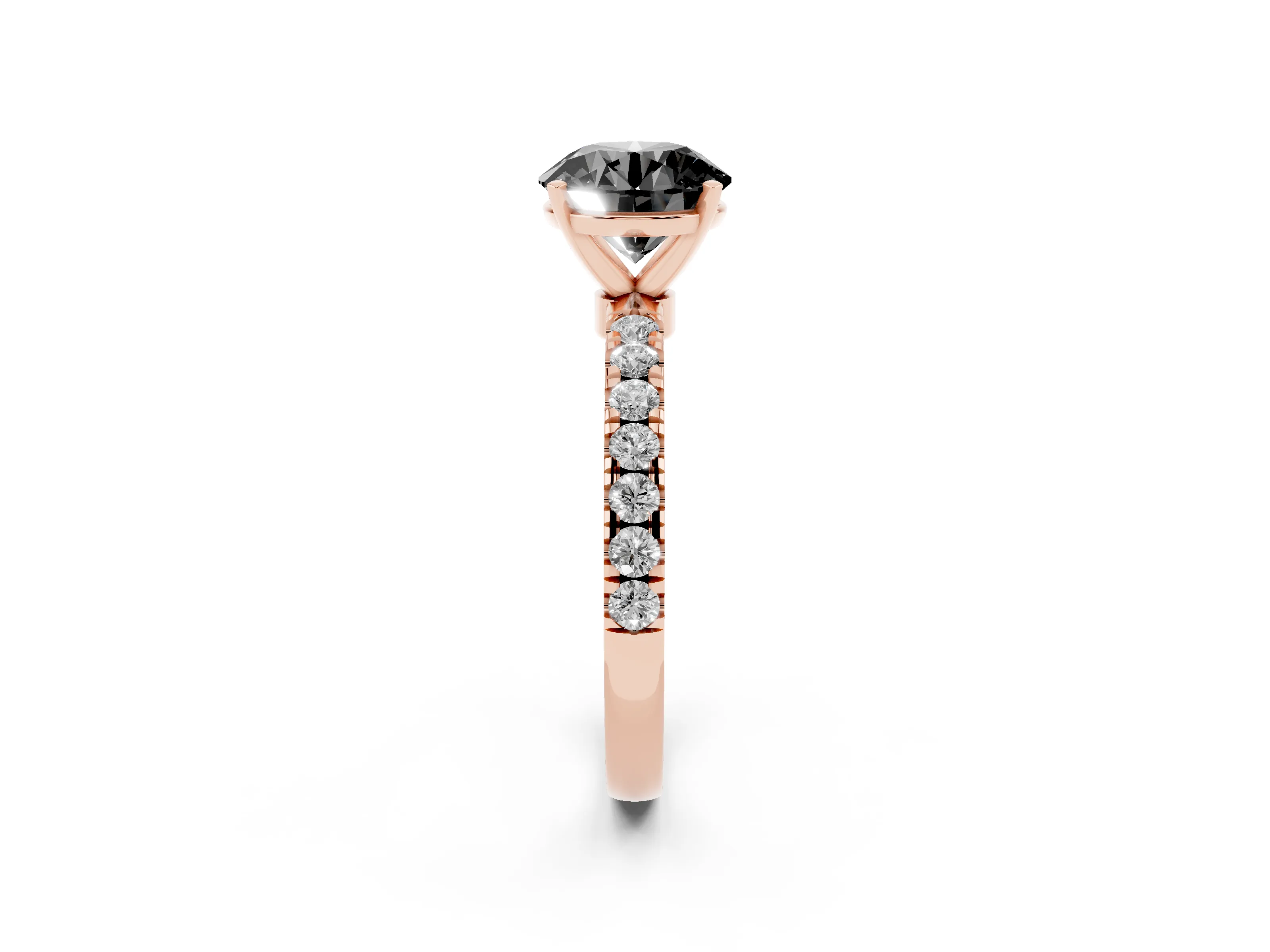 Fancy Black Round Cut Diamond Solitaire Ring Set in Rose gold with Pavé Accents and Prong Setting