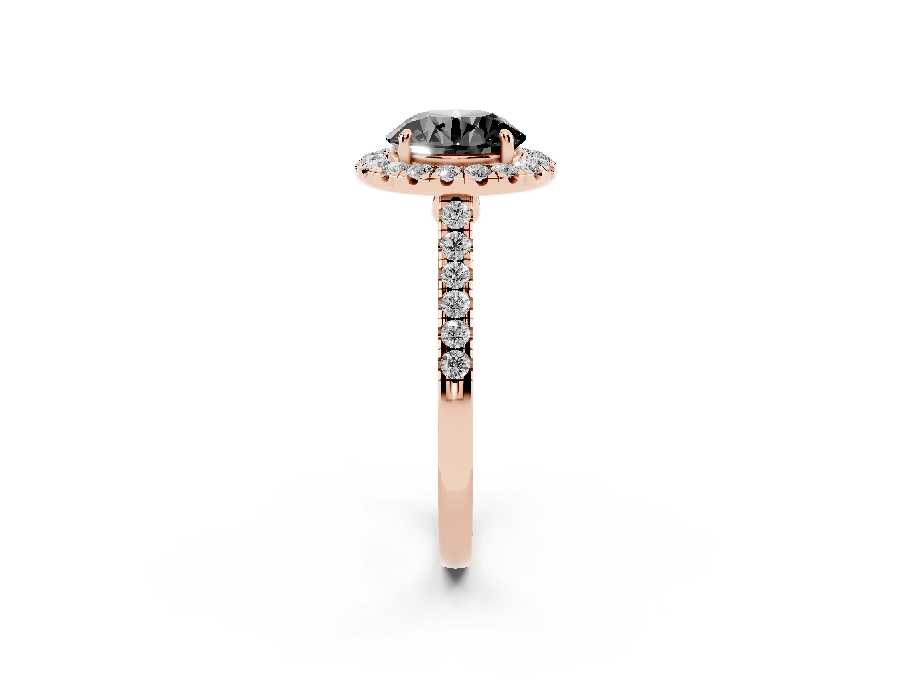Fancy Black Round Cut Diamond Halo Pavé Engagement Ring Set in Rose gold with Prong Setting
