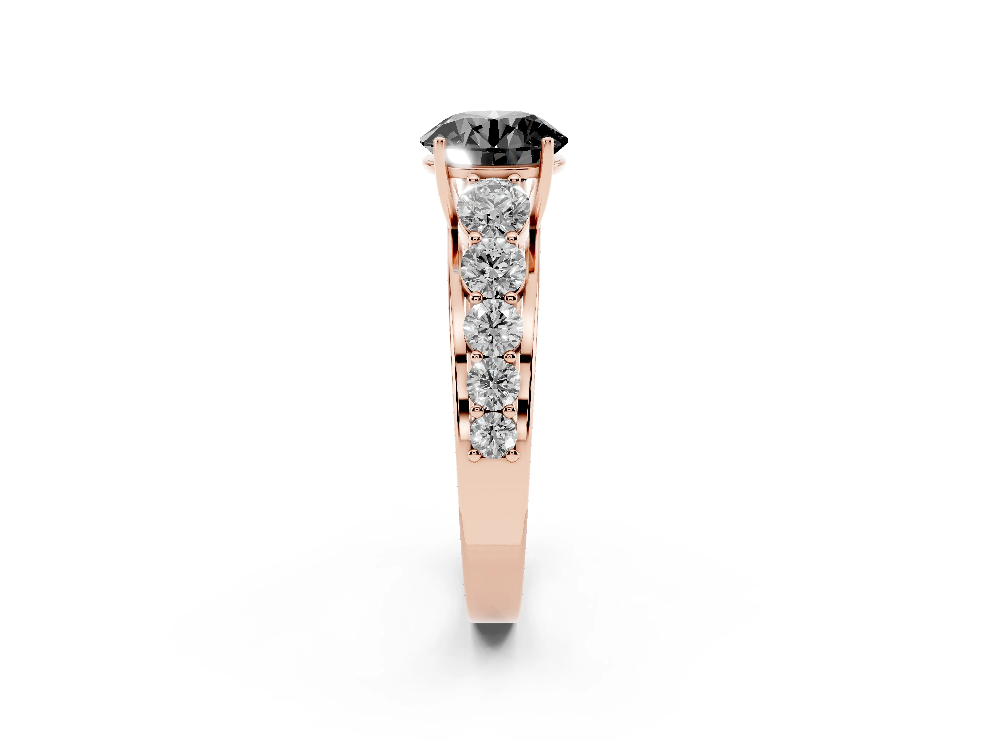 Fancy Black Round Cut Diamond Solitaire Ring Set in Rose gold with Pavé-Set Band and Prong Setting