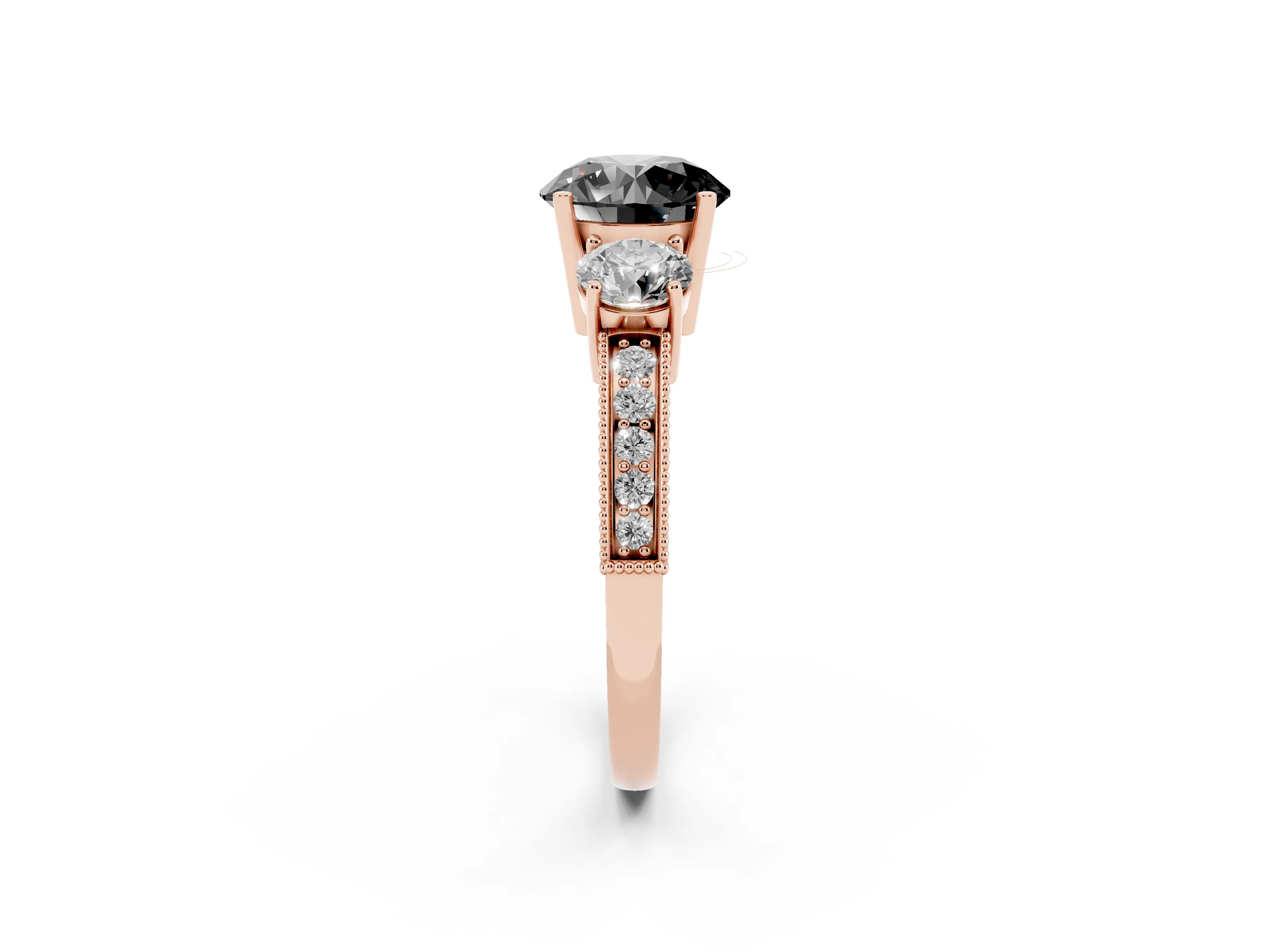 Fancy Black Round Cut Diamond Three-Stone Ring Set in Rose gold with Round Side Stones and Pavé Band