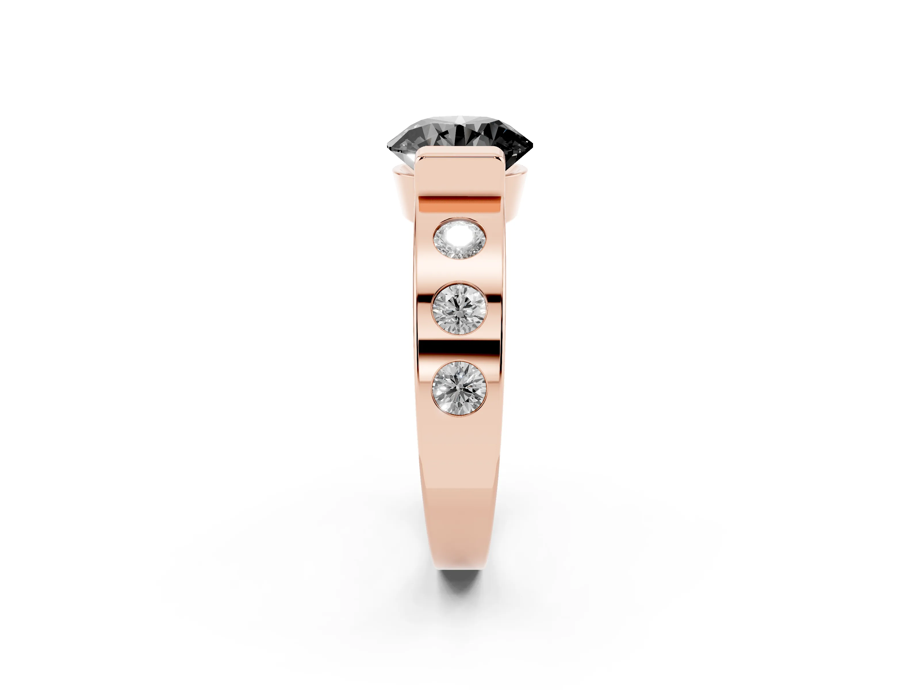 Fancy Black Round Cut Diamond Channel-Set Band Ring Set in Rose gold with Bezel Prong Setting