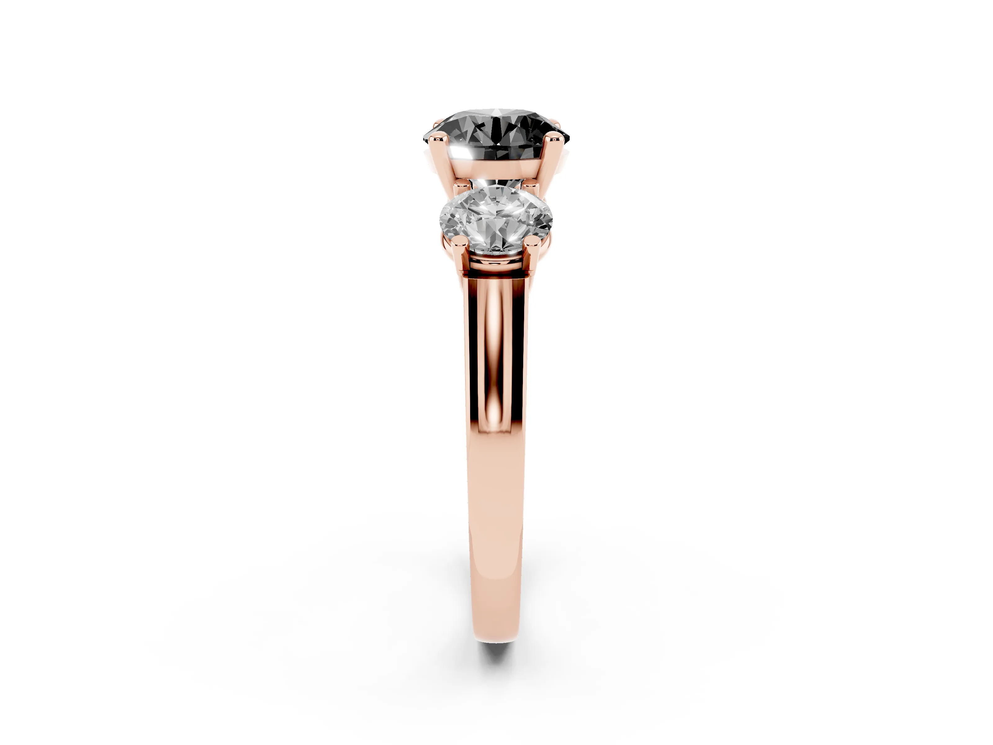 Fancy Black Round Cut Diamond Three-Stone Trellis Ring Set in Rose gold with Comfort Fit Band