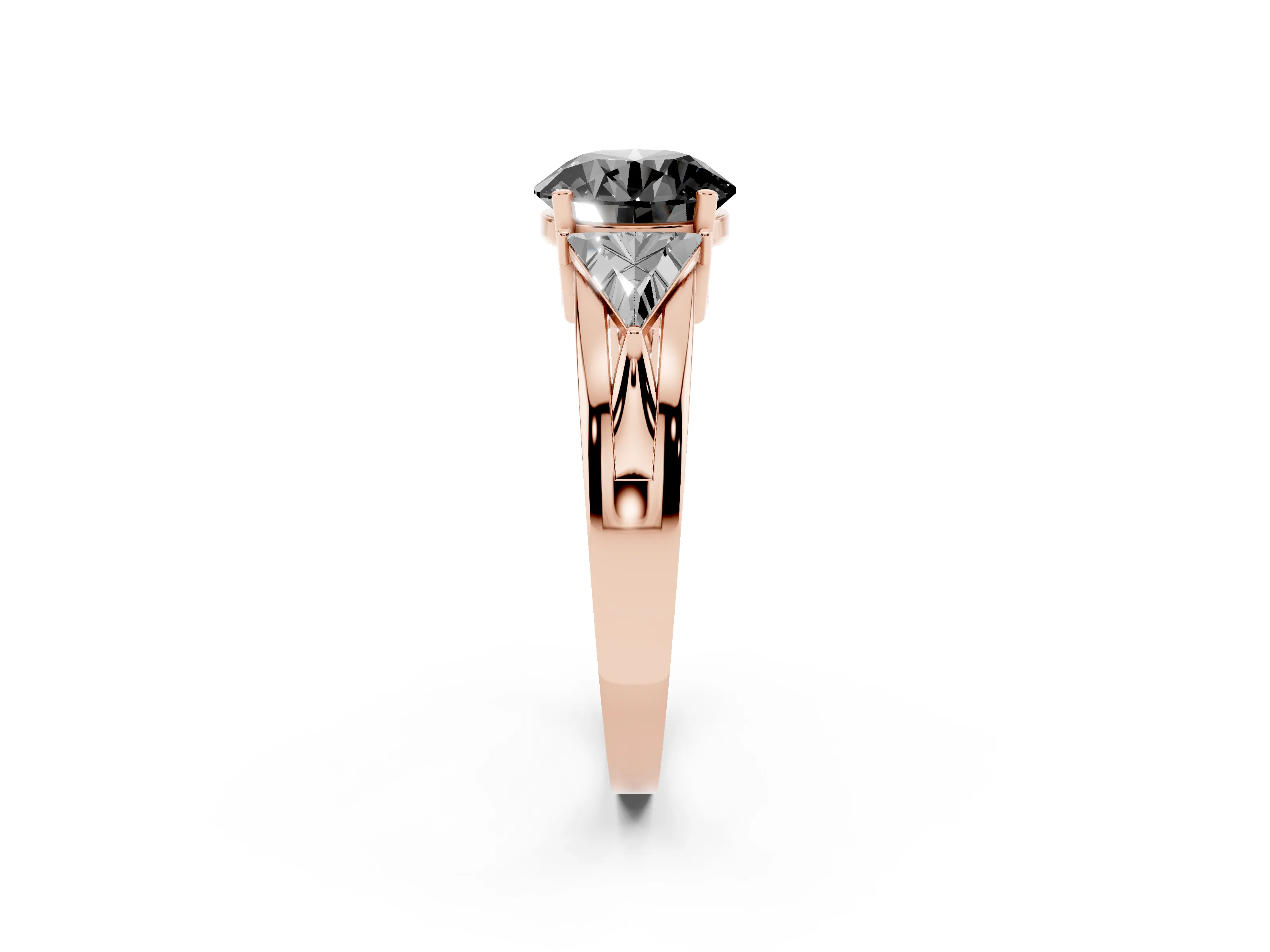 Fancy Black Round Cut Diamond Three-Stone Ring Set in Rose gold with Trillion Side Stones and Split Shank
