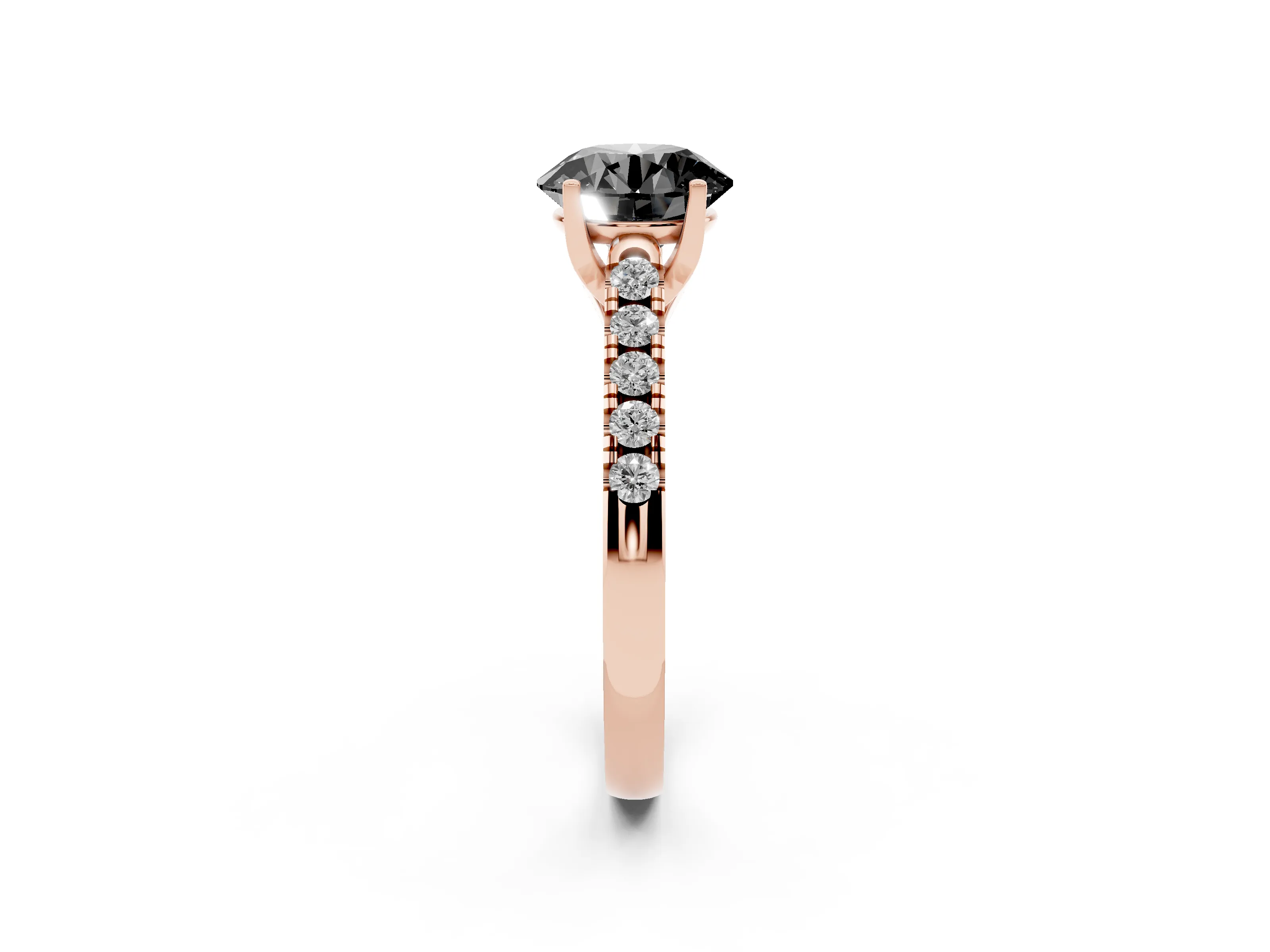 Fancy Black Round Cut Diamond Pavé Band Solitaire Ring Set in Rose gold with Partway Accent Stones and Prong Setting