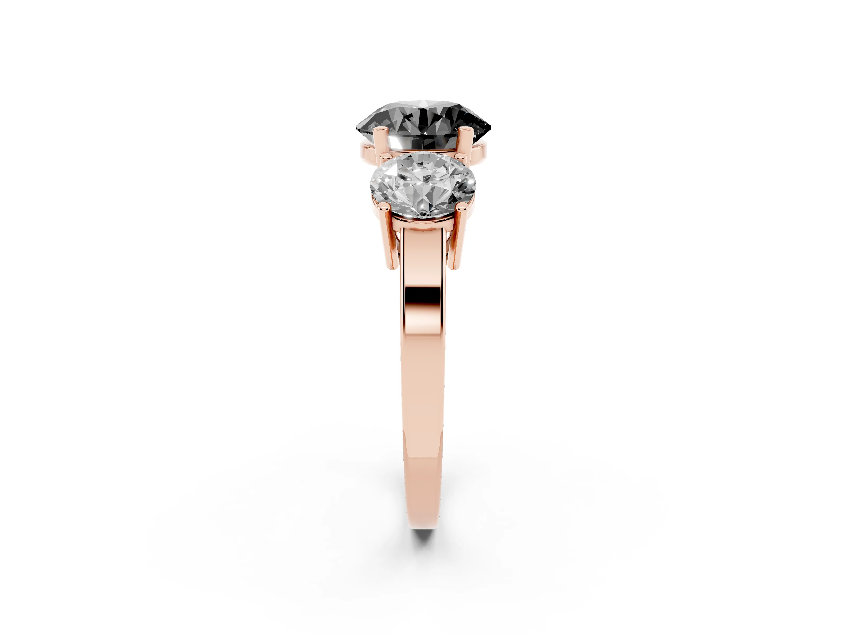 Fancy Black Round Cut Diamond Three-Stone Engagement Ring Set in Rose gold with Flat Band