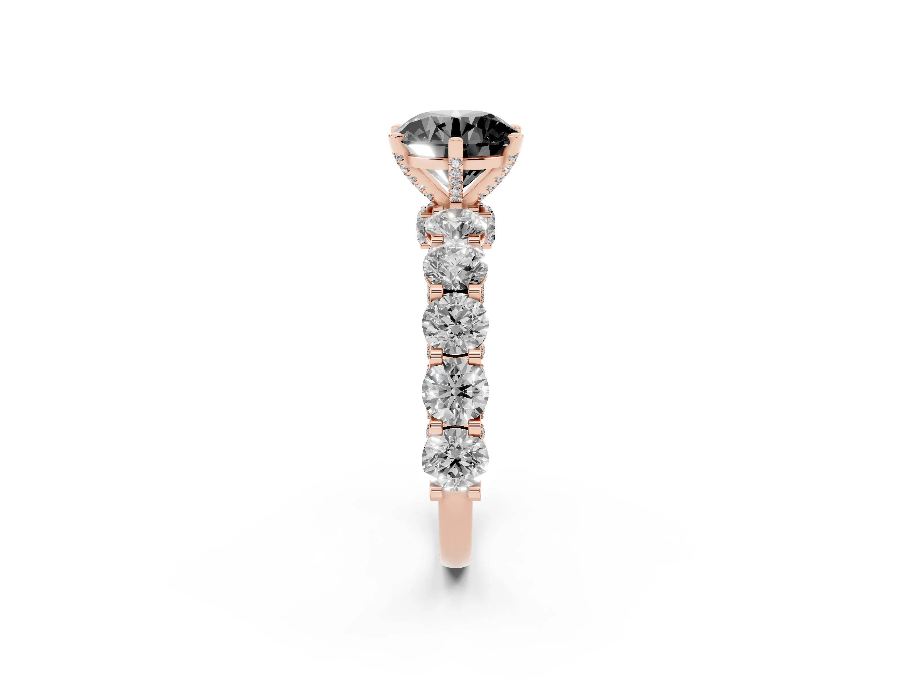 Fancy Black Round Cut Diamond Side Stone Ring Set in Rose gold with Alternating Round and Oval Side Stones