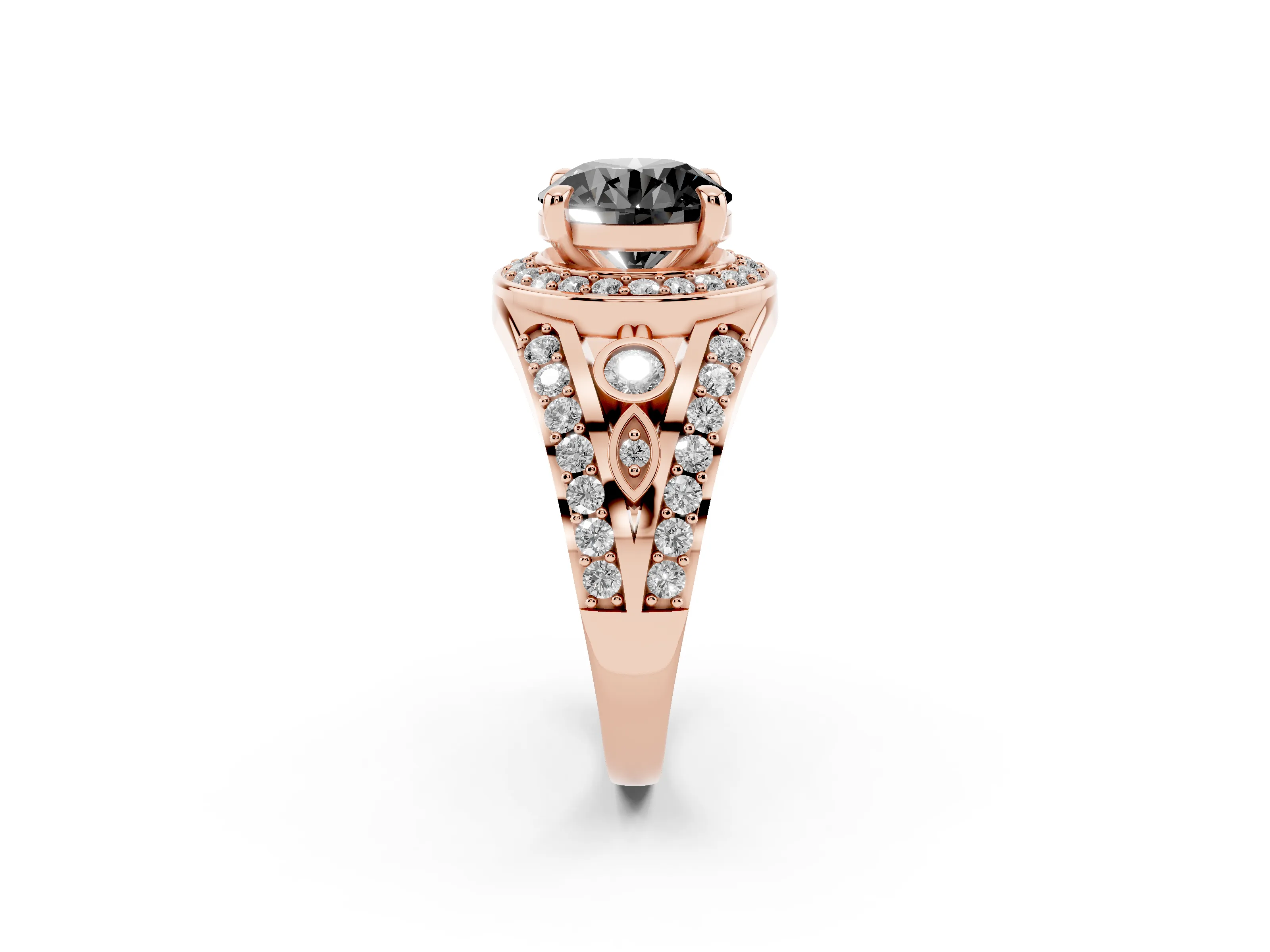 Fancy Black Round Cut Diamond Halo Ring Set in Rose gold with Pavé Split Shank and Bezel Accents