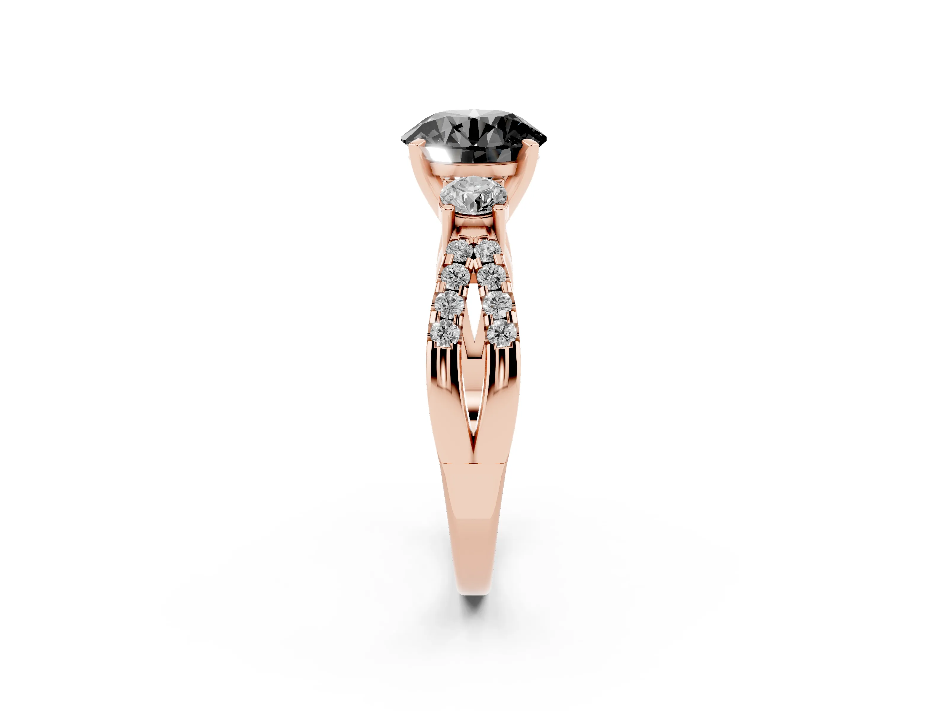 Fancy Black Round Cut Diamond Three-Stone Ring Set in Rose gold with Pavé Split Shank and Prong Setting
