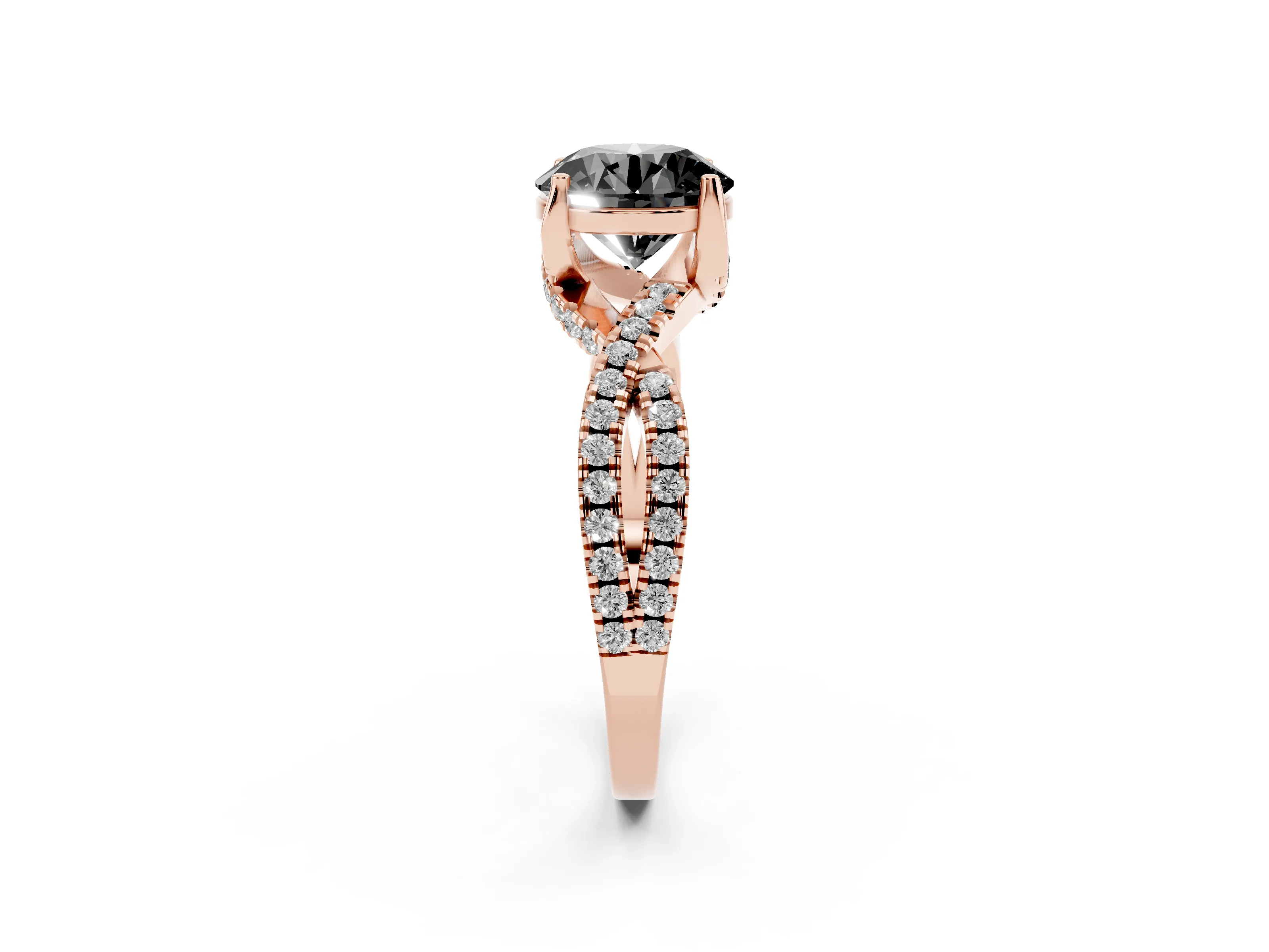 Fancy Black Round Cut Diamond Twist Pavé Solitaire Engagement Ring Set in Rose gold with Prong Setting