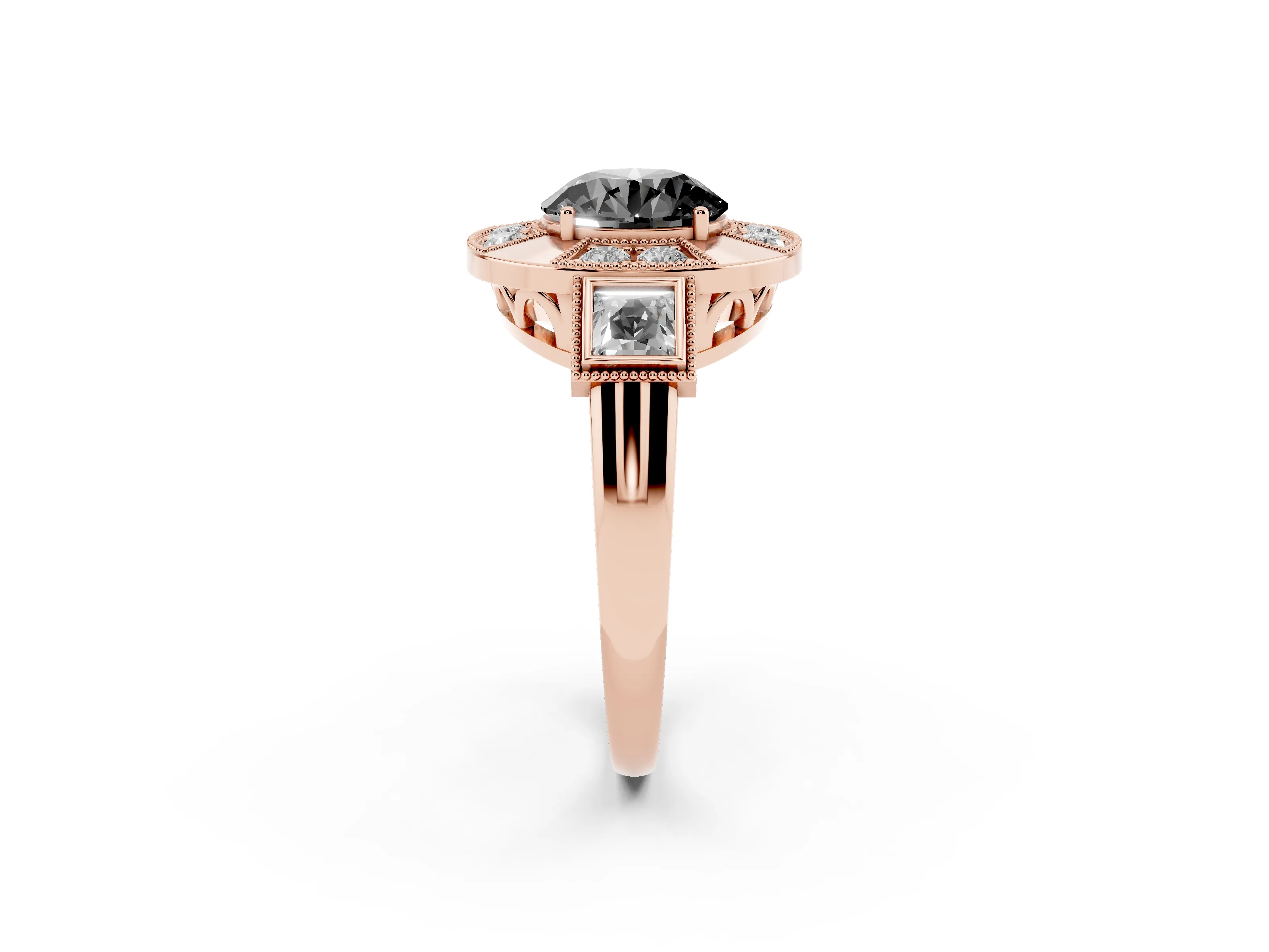 Fancy Black Round Cut Diamond Milgrain Halo Ring Set in Rose gold with Split Shank