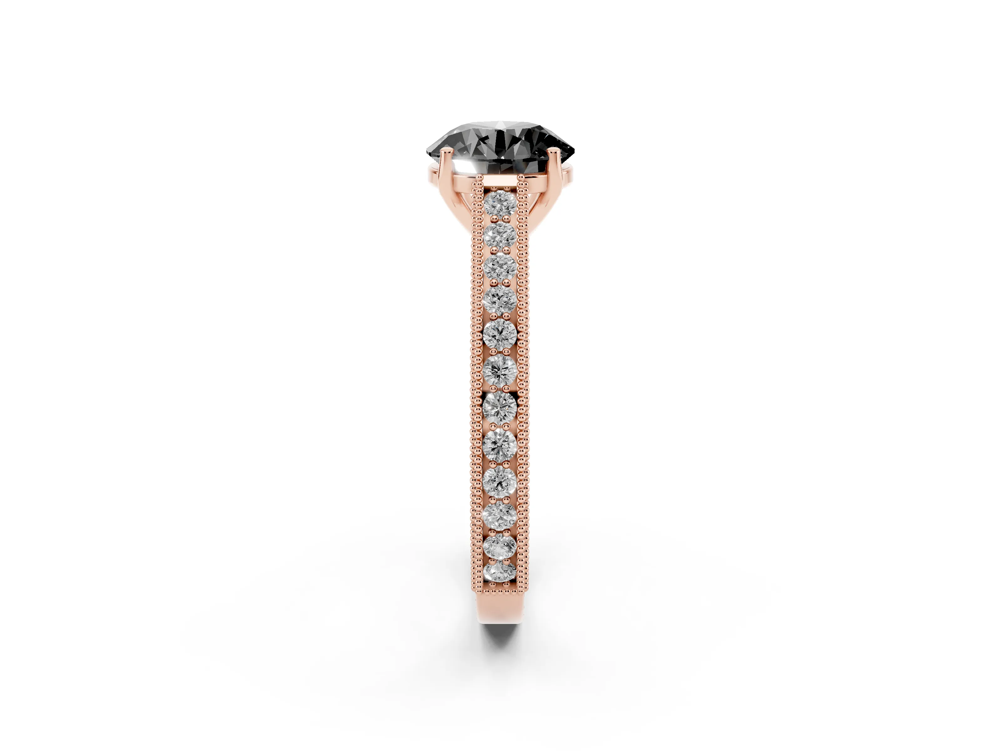 Fancy Black Round Cut Diamond Milgrain Pavé Band Solitaire Ring Set in Rose gold with Prong Setting