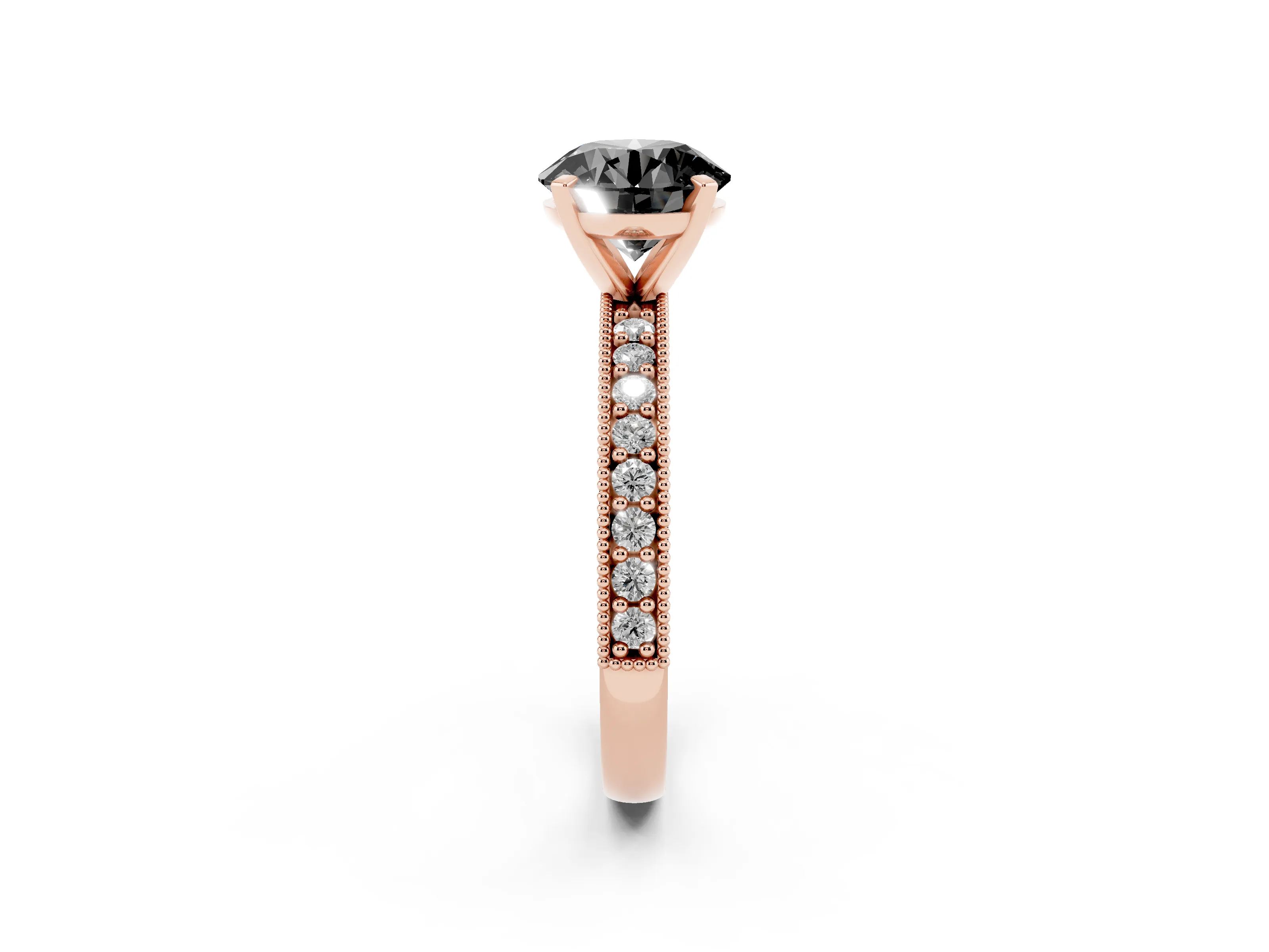 Fancy Black Round Cut Diamond Milgrain Pavé Engagement Ring Set in Rose gold with Prong Setting