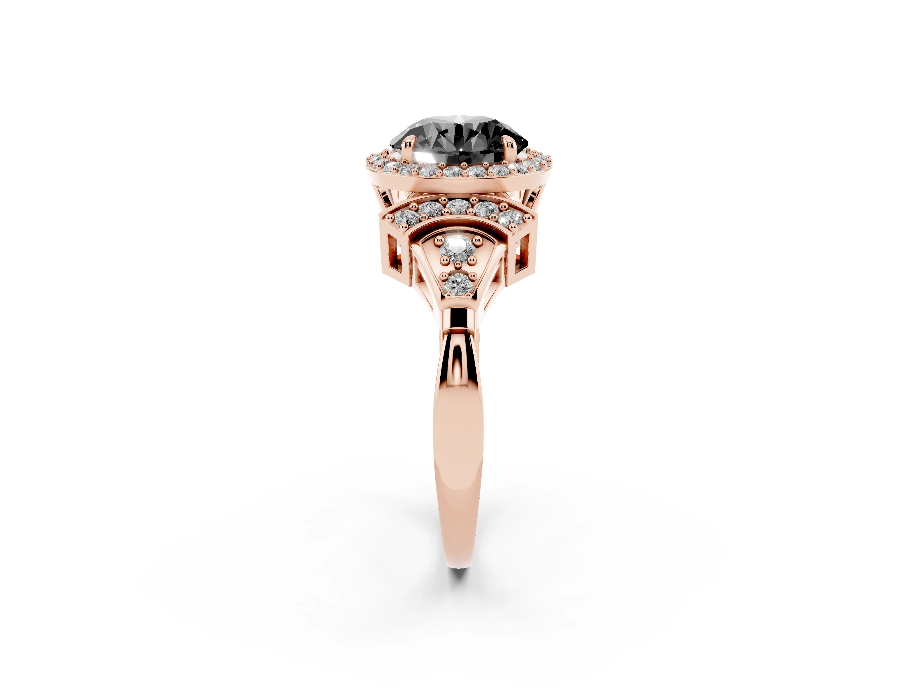 Fancy Black Round Cut Diamond Halo Engagement Ring Set in Rose gold with Accent Stone Split Shank