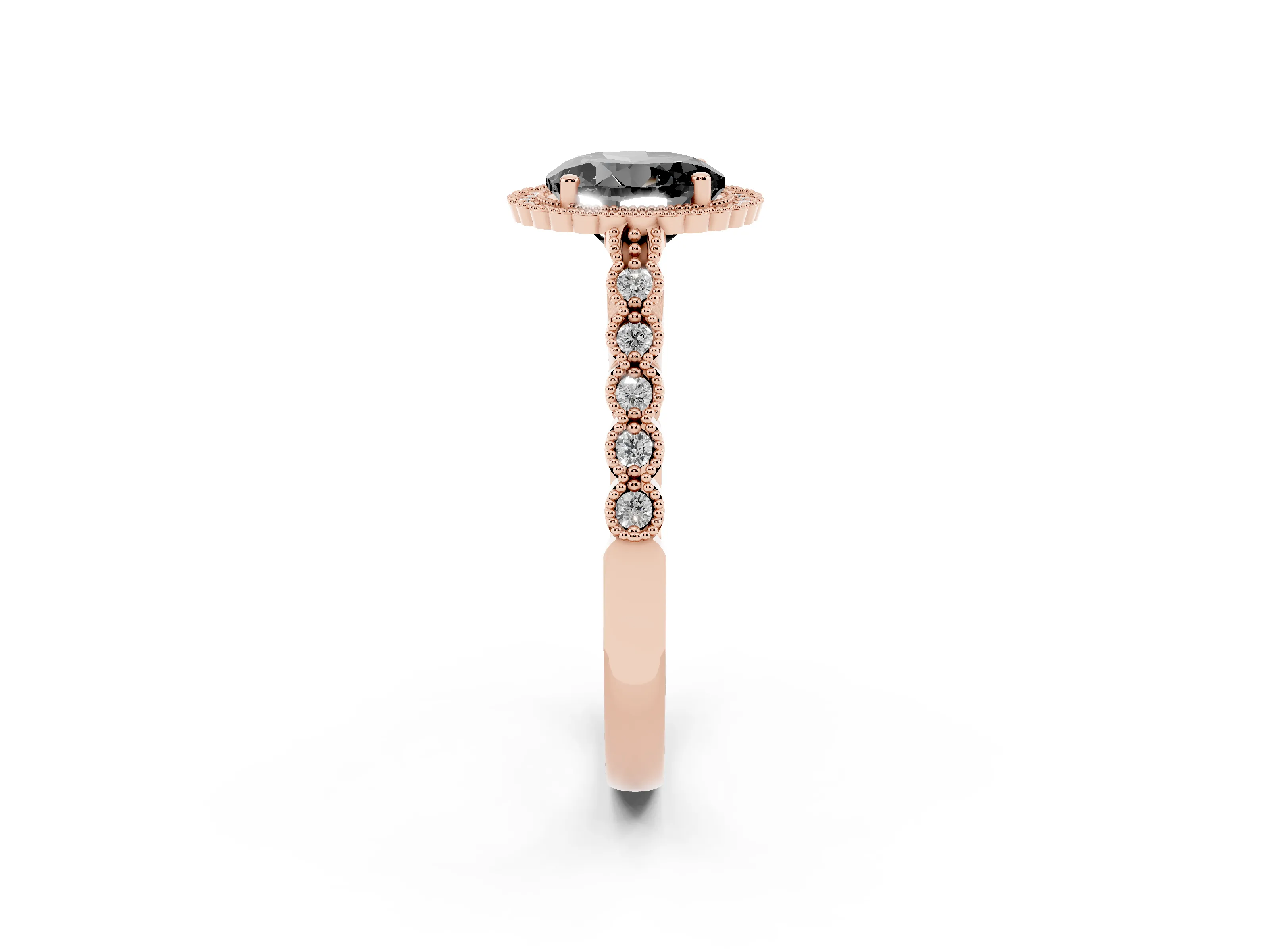 Fancy Black Round Cut Diamond Halo Ring Set in Rose gold with Pavé Milgrain Band
