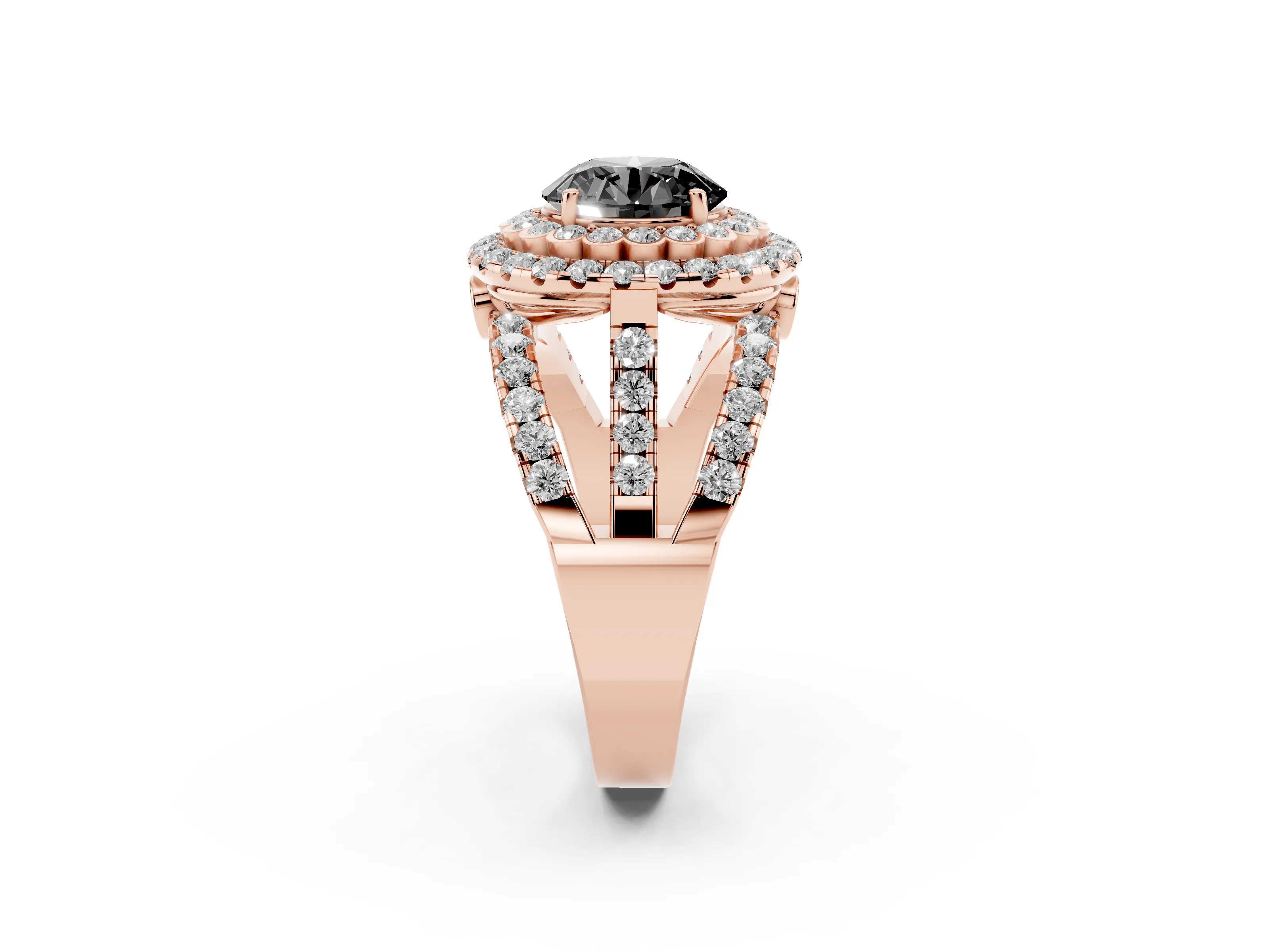 Fancy Black Round Cut Diamond Double Halo Ring Set in Rose gold with Round Pavé Split Shank
