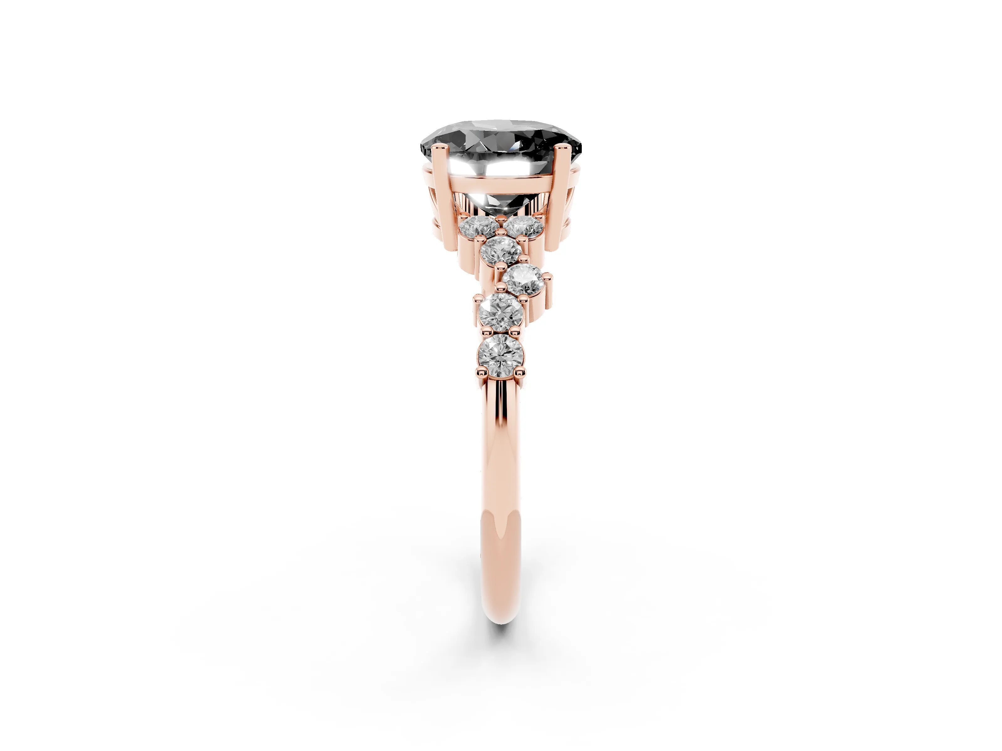 Fancy Black Round Cut Diamond Ring Set in Rose gold with Scattered Round Accents