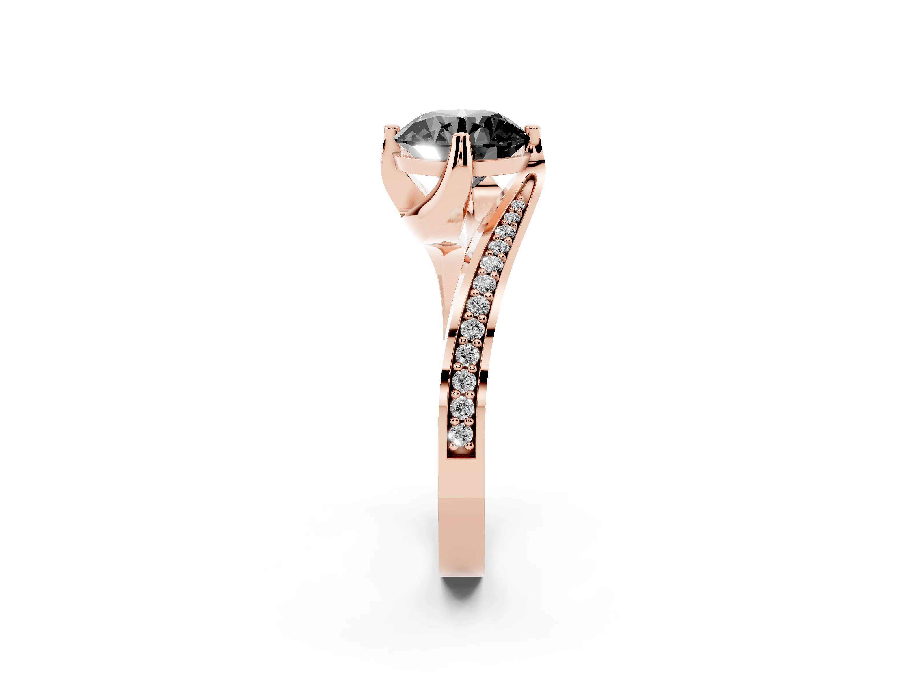 Fancy Black Round Cut Diamond Solitaire Ring Set in Rose gold with Intertwined Pavé Twist Band