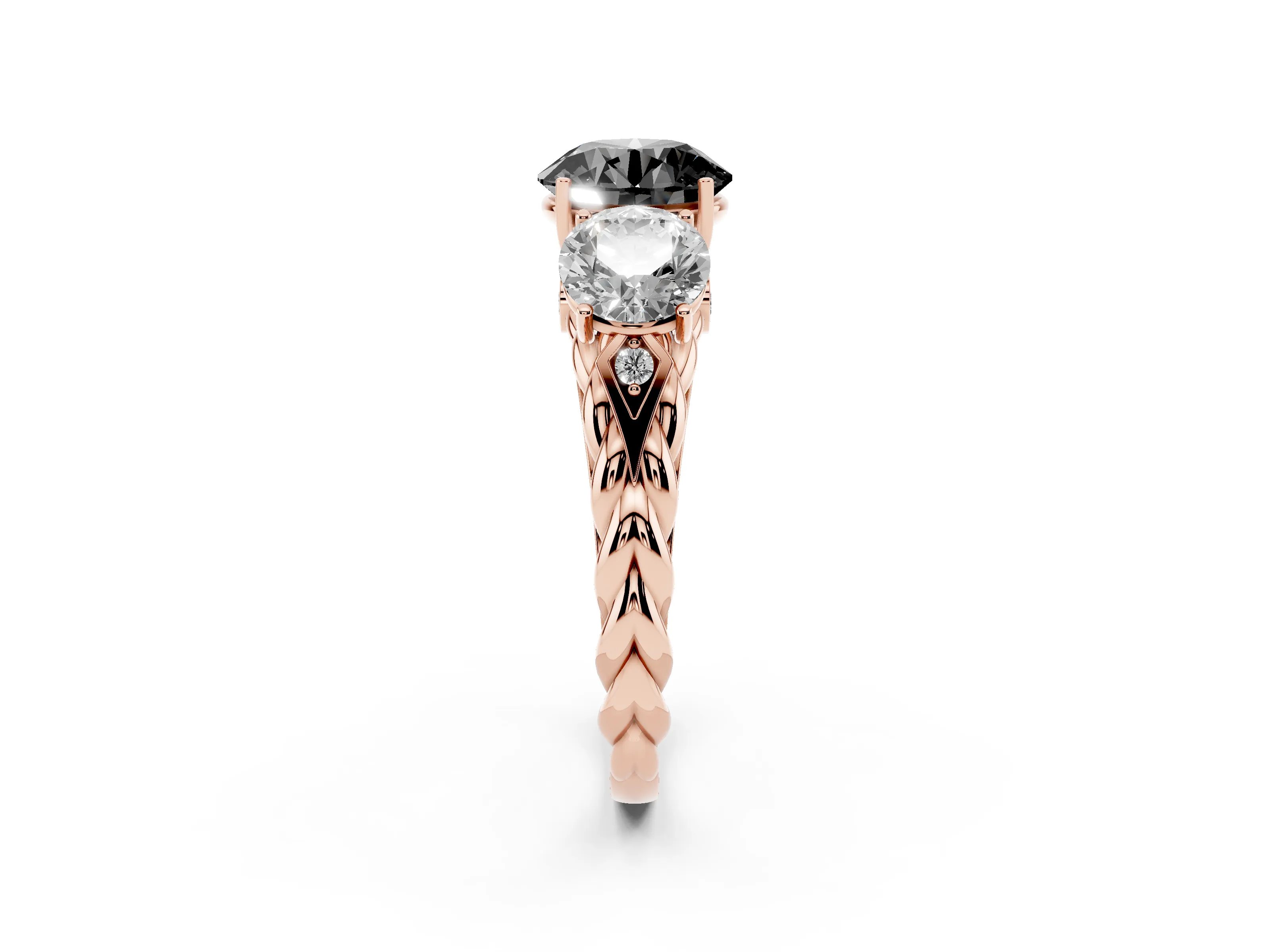 Fancy Black Round Cut Diamond Three-Stone Ring Set in Rose gold with Braided Band