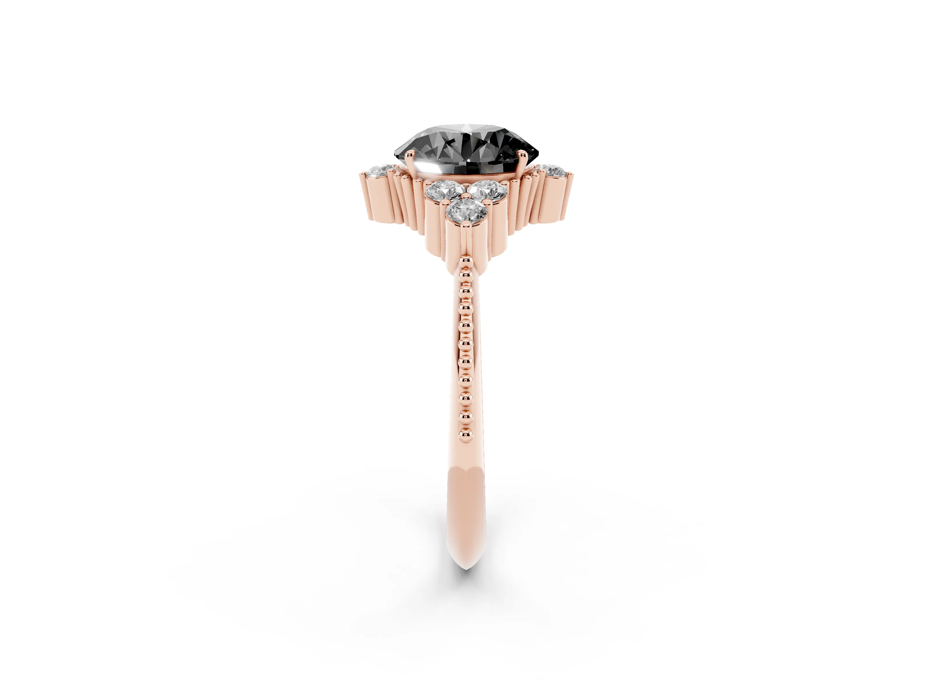 Fancy Black Round Cut Diamond Cluster Ring Set in Rose gold with Beaded Band