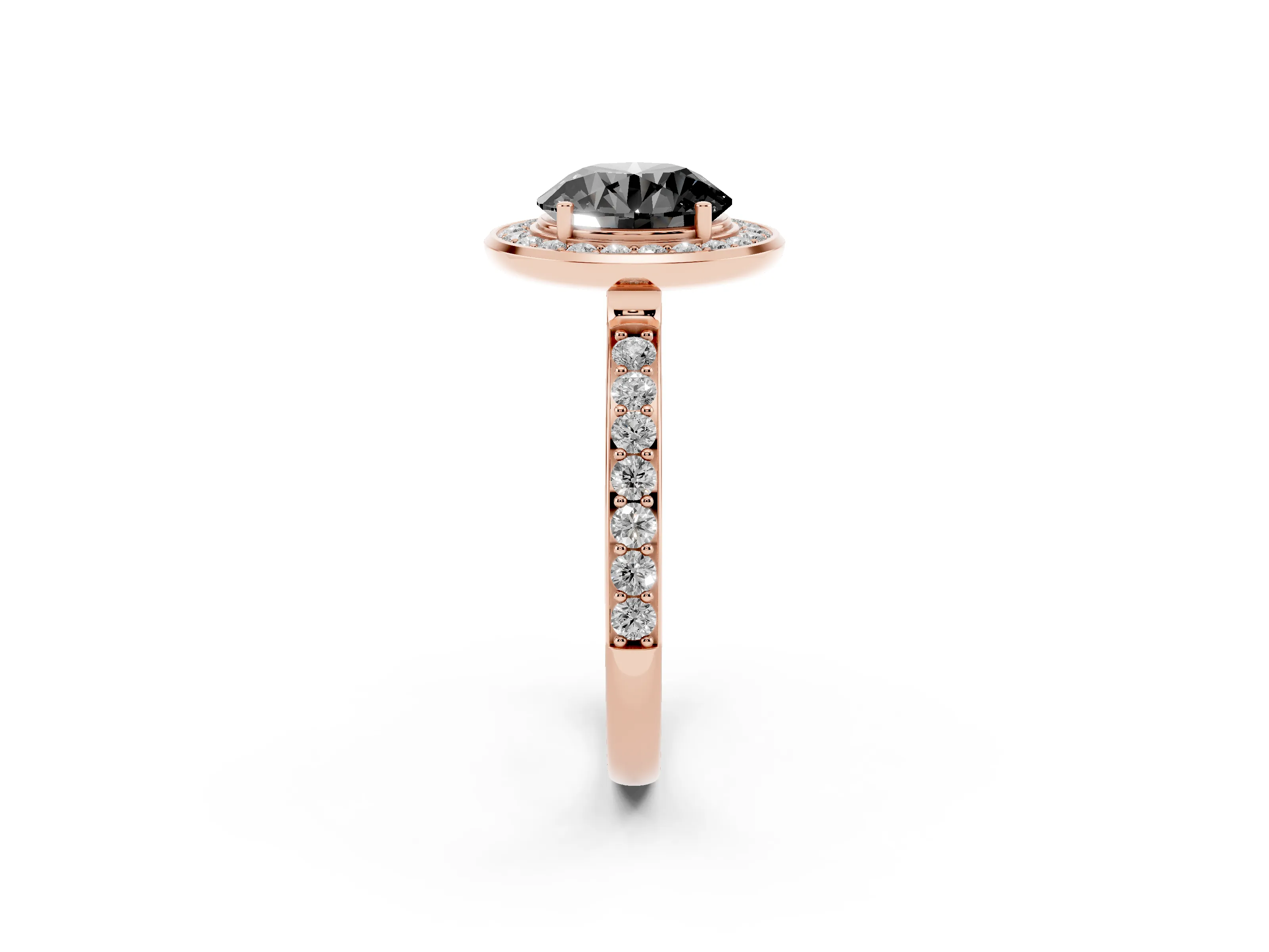 Fancy Black Round Cut Diamond Halo Ring Set in Rose gold with Bezel Frame and Pavé Band