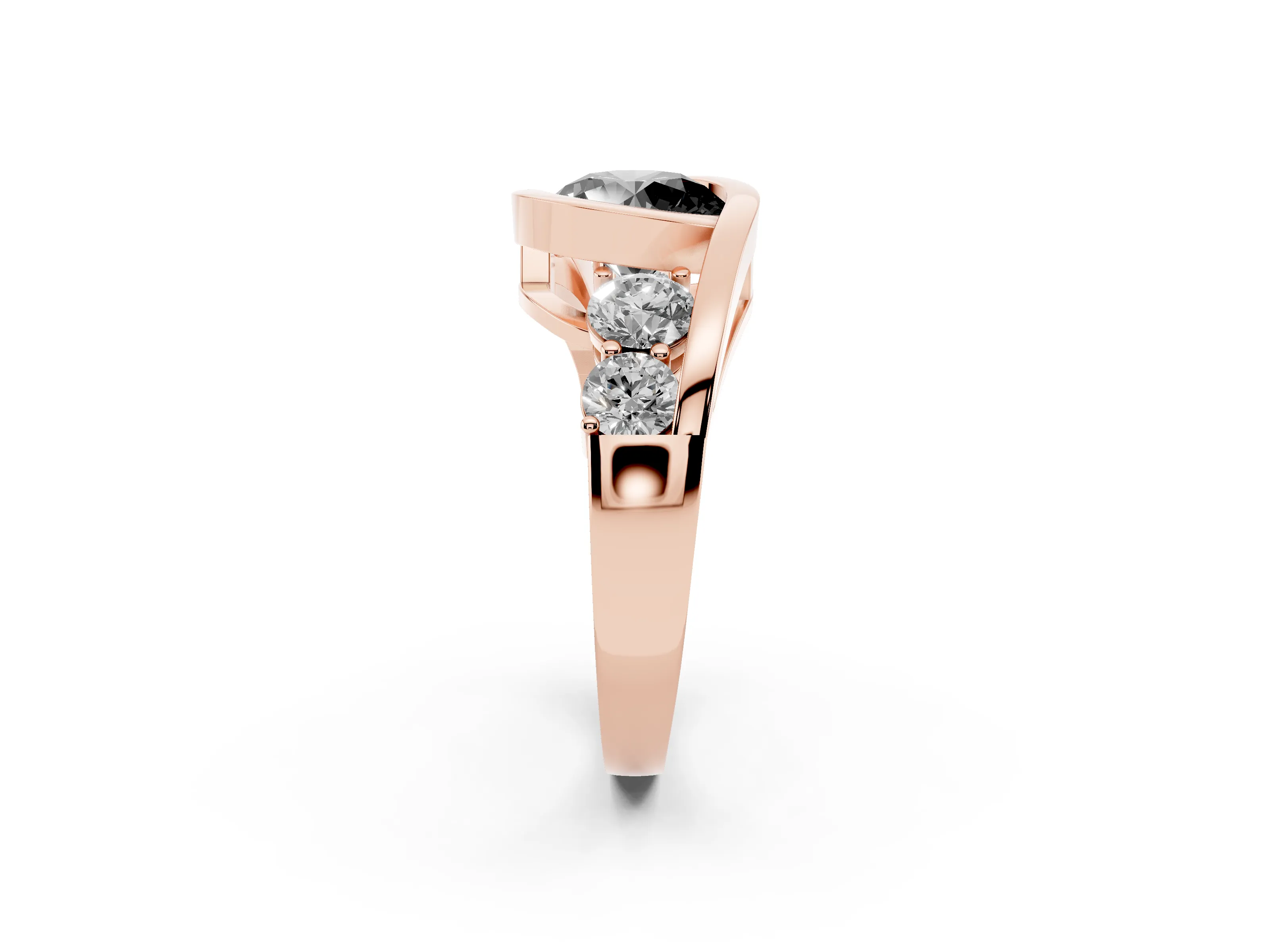 Fancy Black Round Cut Diamond Bezel Bypass Ring Set in Rose gold with Round Accents