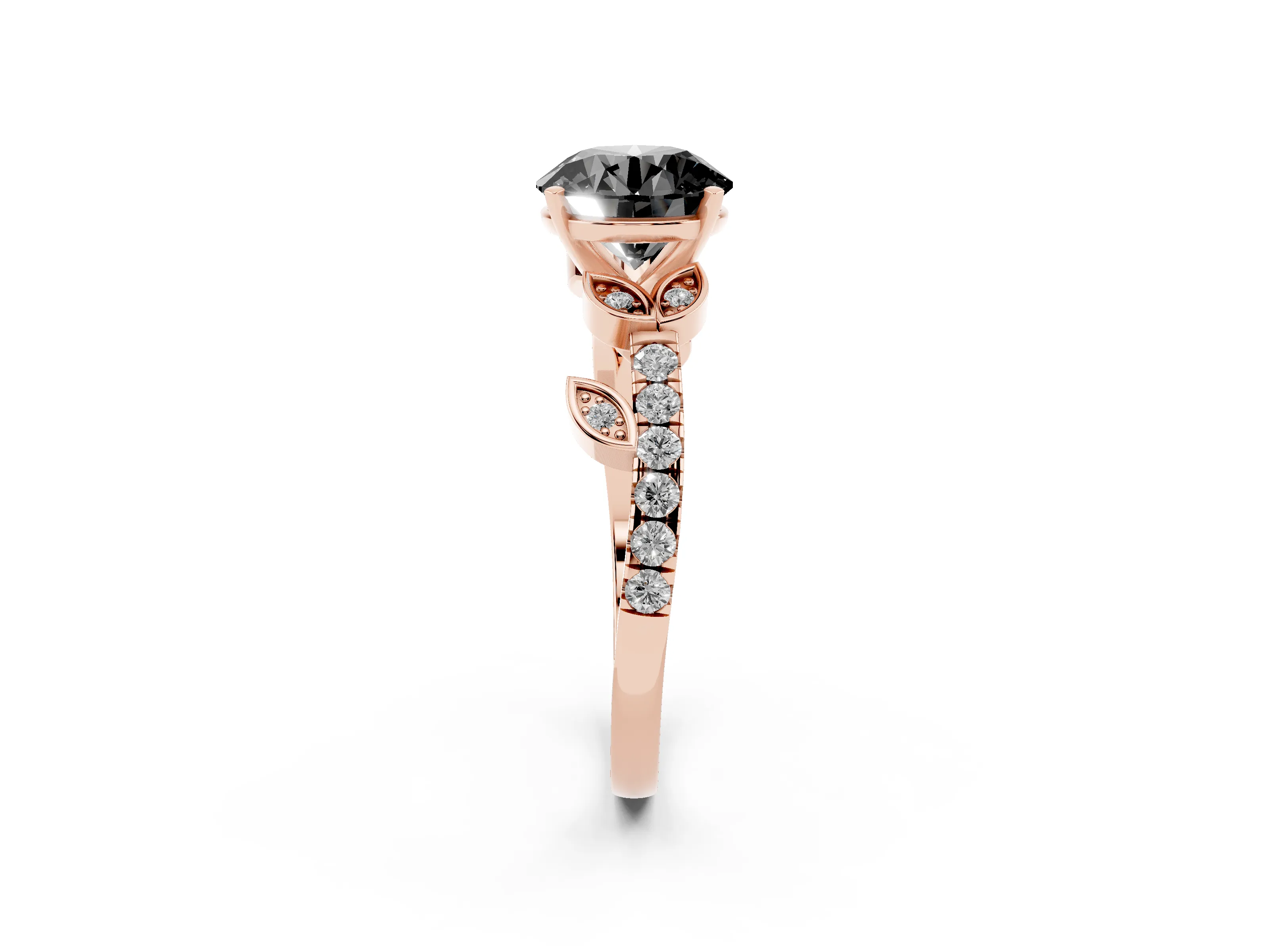 Fancy Black Round Cut Diamond Solitaire Leaf-Inspired Ring Set in Rose gold with Pavé Band and Prong Setting