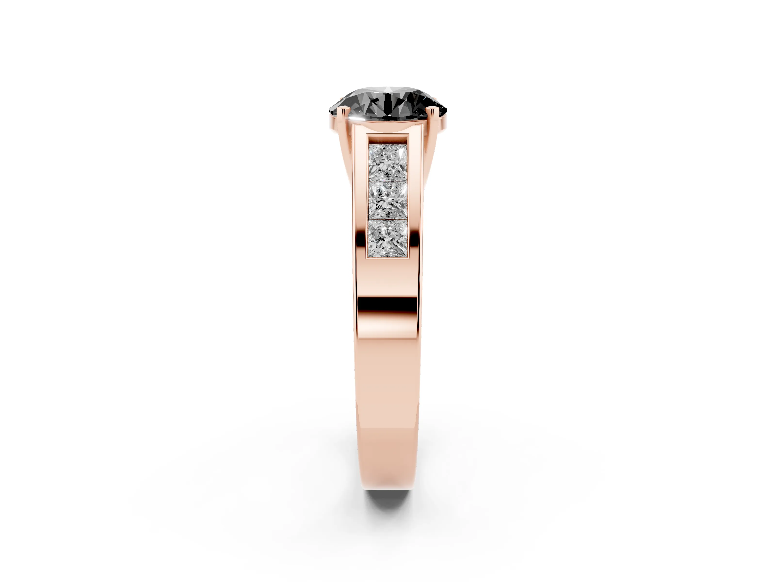 Fancy Black Round Cut Diamond Solitaire Ring Set in Rose gold with Channel-Set Accent Stones and Prong Setting