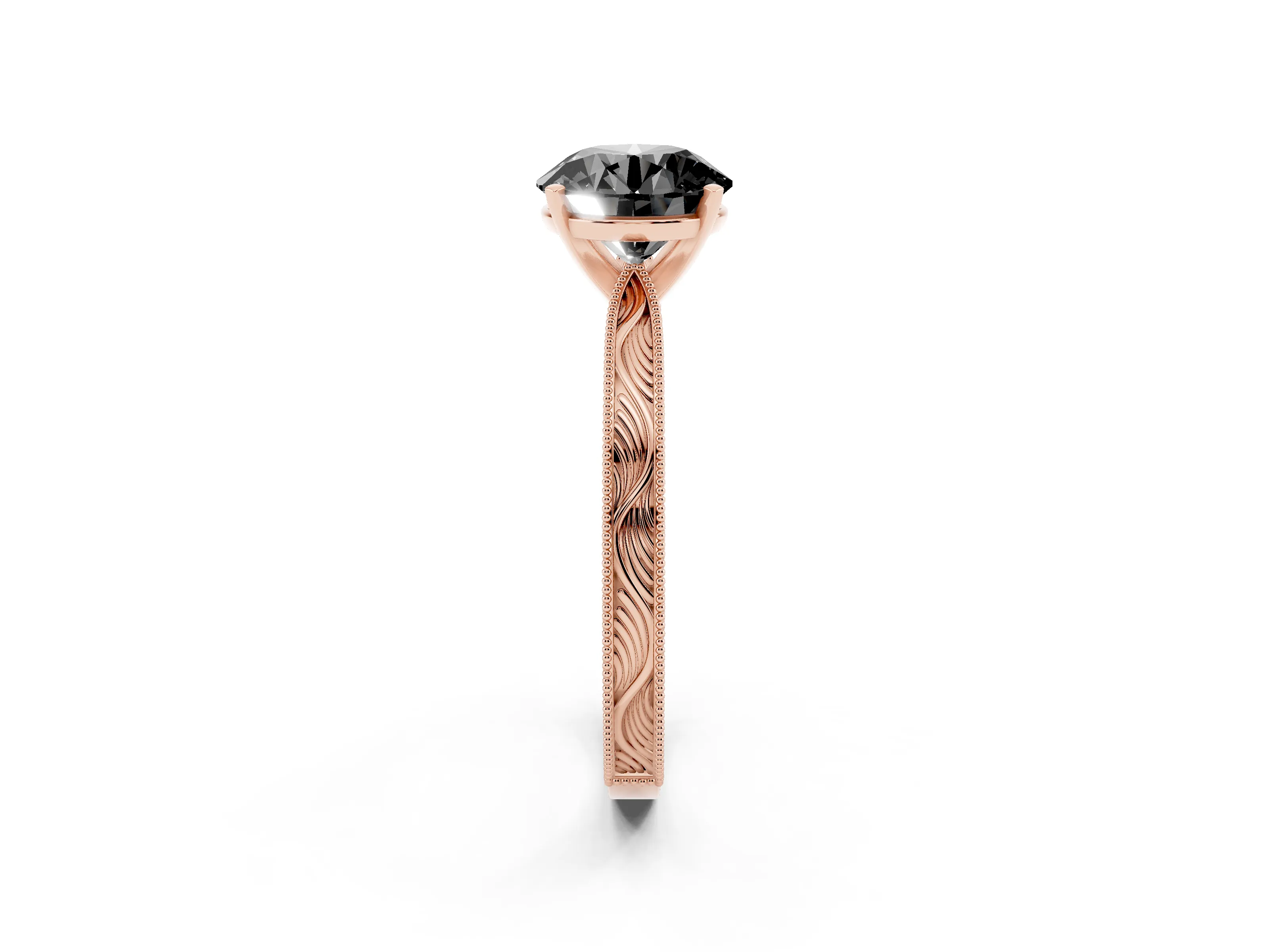 Fancy Black Round Cut Diamond Solitaire Milgrain Engraved Band Set in Rose gold with Prong Setting