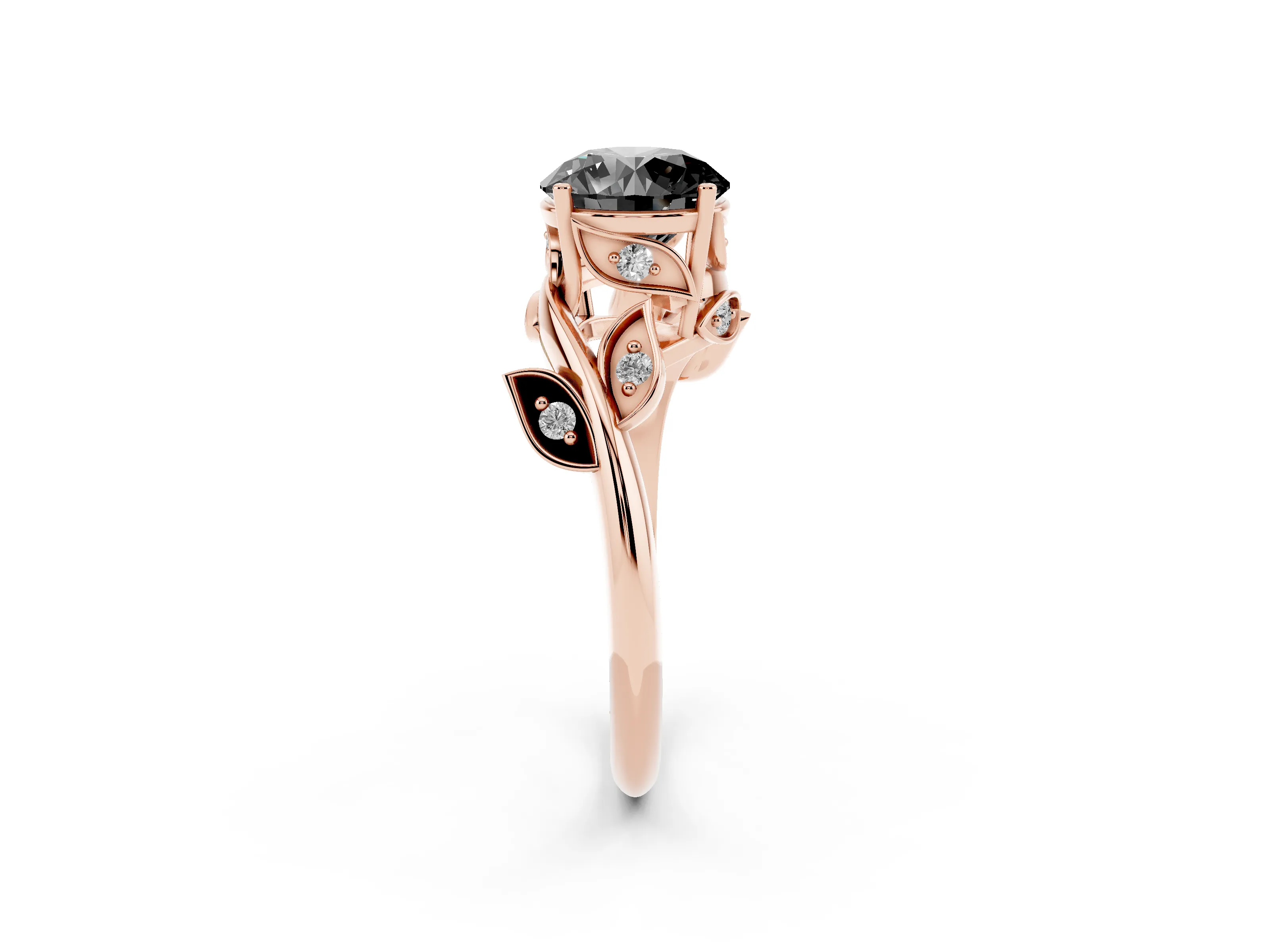 Fancy Black Round Cut Diamond Solitaire Twist Engagement Ring Set in Rose gold with Pavé Leaf Accents