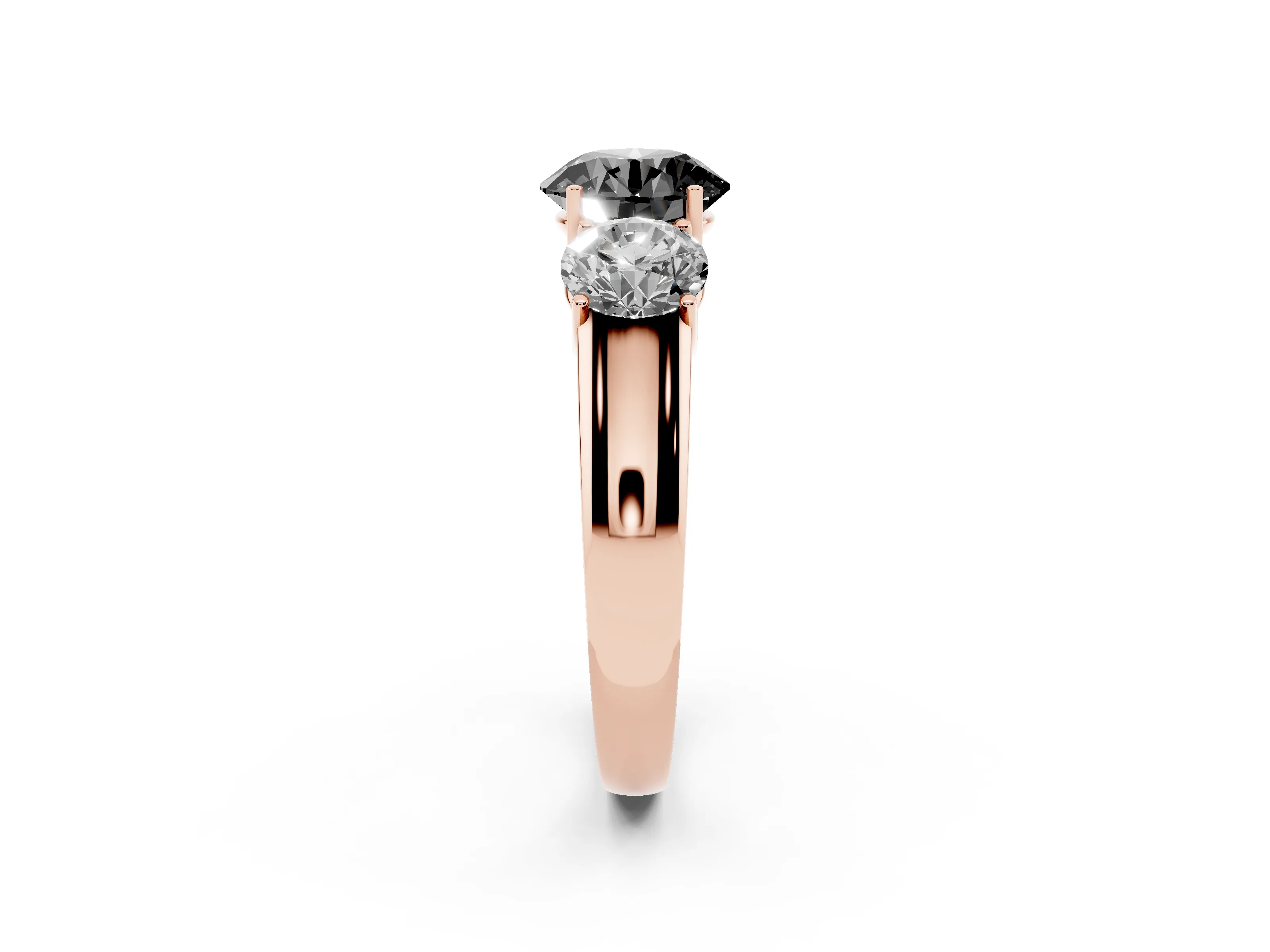 Fancy Black Three-Stone Round Cut Diamond Ring Set in Rose gold with Matching Prong Settings and Plain Band
