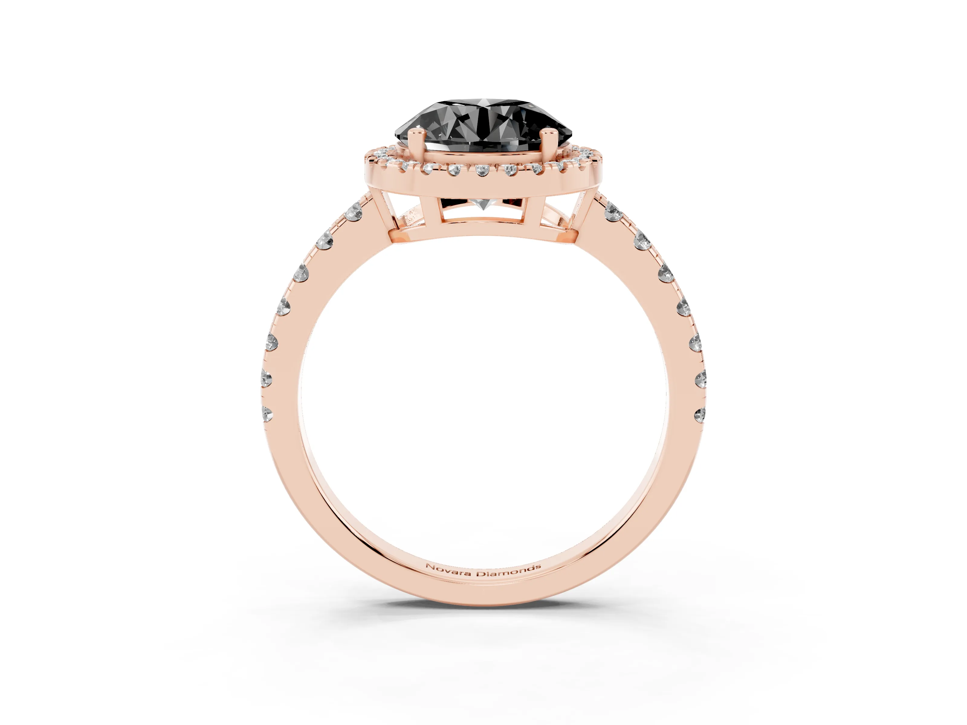 Fancy Black Round Cut Diamond Halo Ring Set in Rose gold with Delicate Pavé Band and Prong Setting