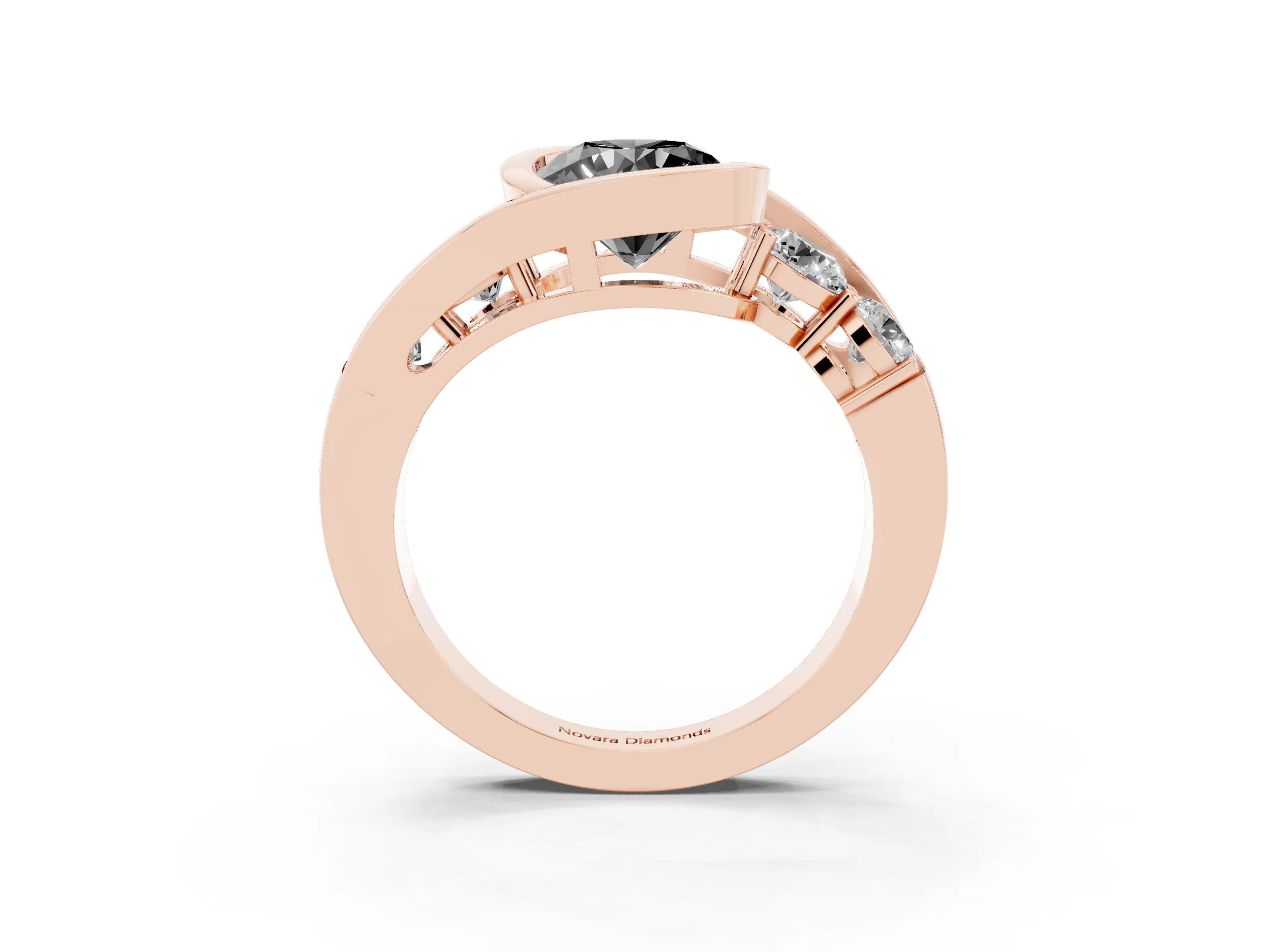 Fancy Black Round Cut Diamond Bezel Bypass Ring Set in Rose gold with Round Accents