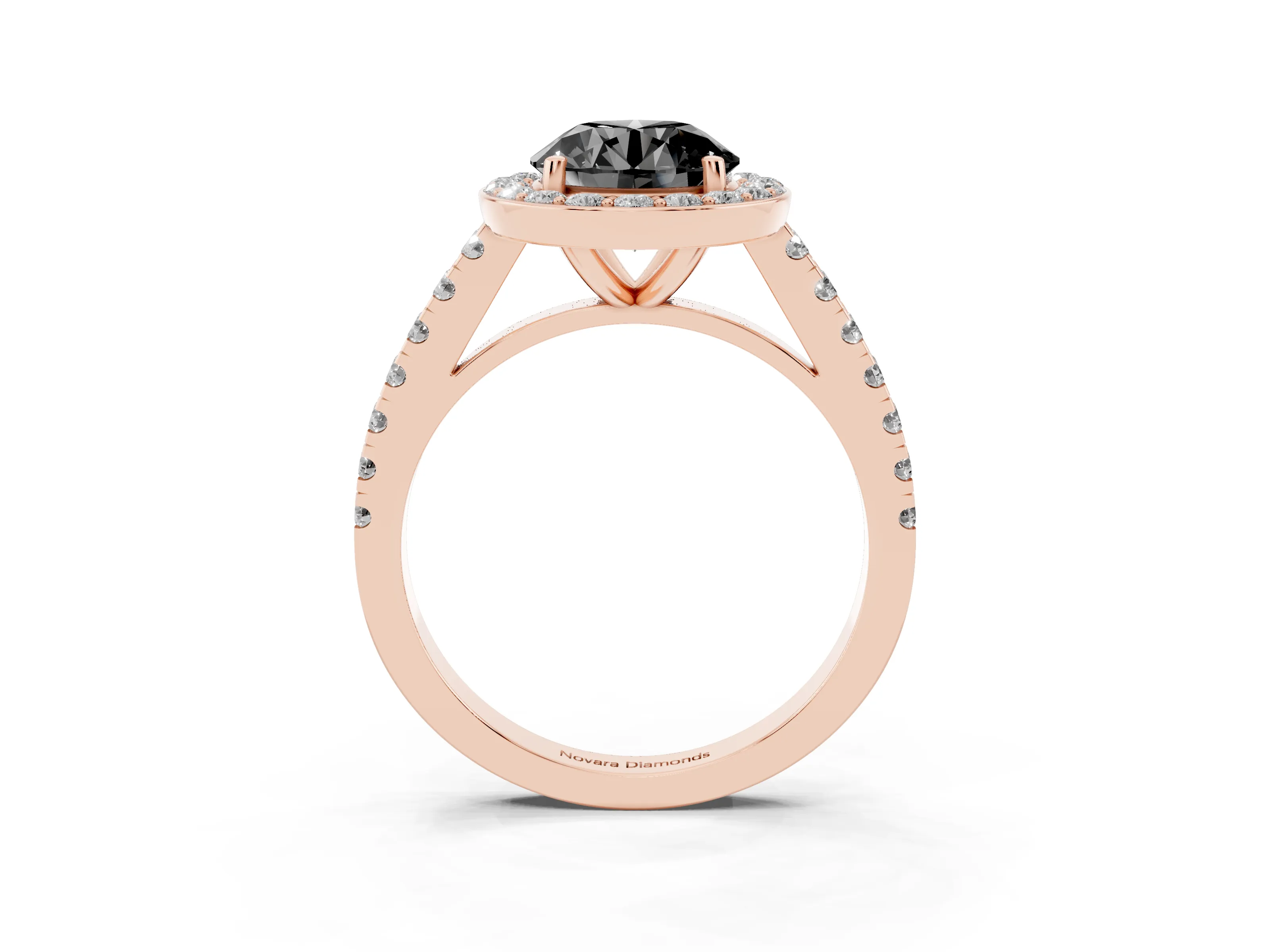 Fancy Black Round Cut Diamond Halo Ring Set in Rose gold with Round Pavé Split Shank and Prong Setting