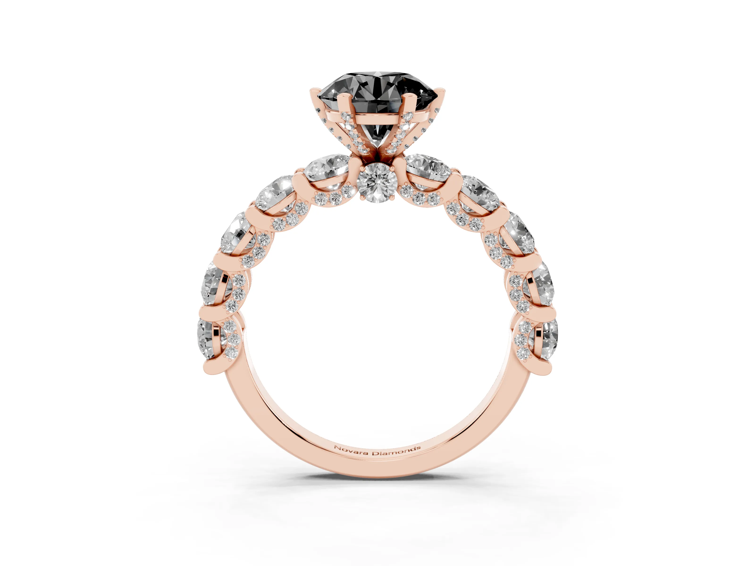 Fancy Black Round Cut Diamond Side Stone Ring Set in Rose gold with Alternating Round and Oval Side Stones