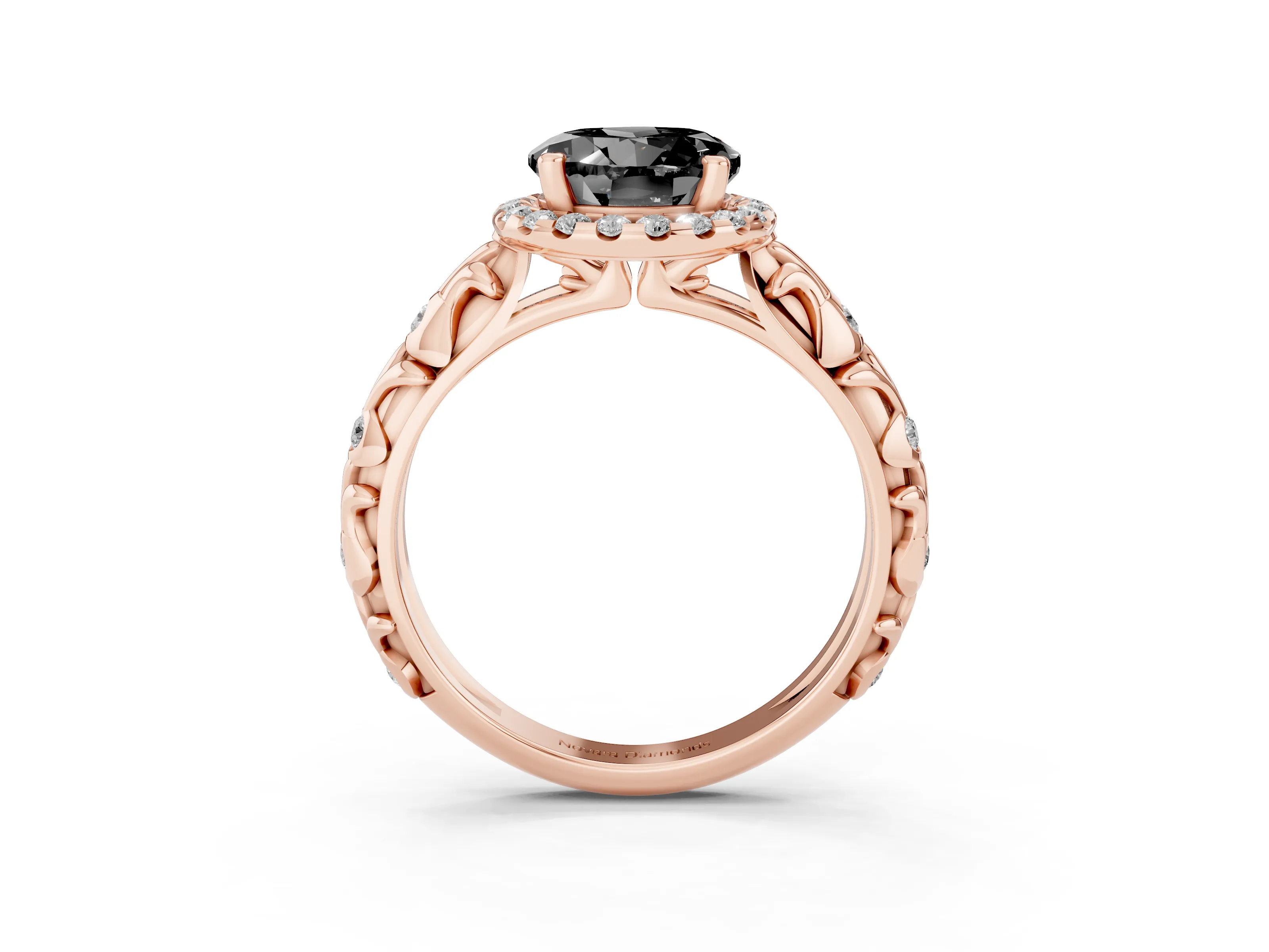 Fancy Black Round Cut Diamond Halo Ring Set in Rose gold with Filigree Leaf Band and Prong Setting