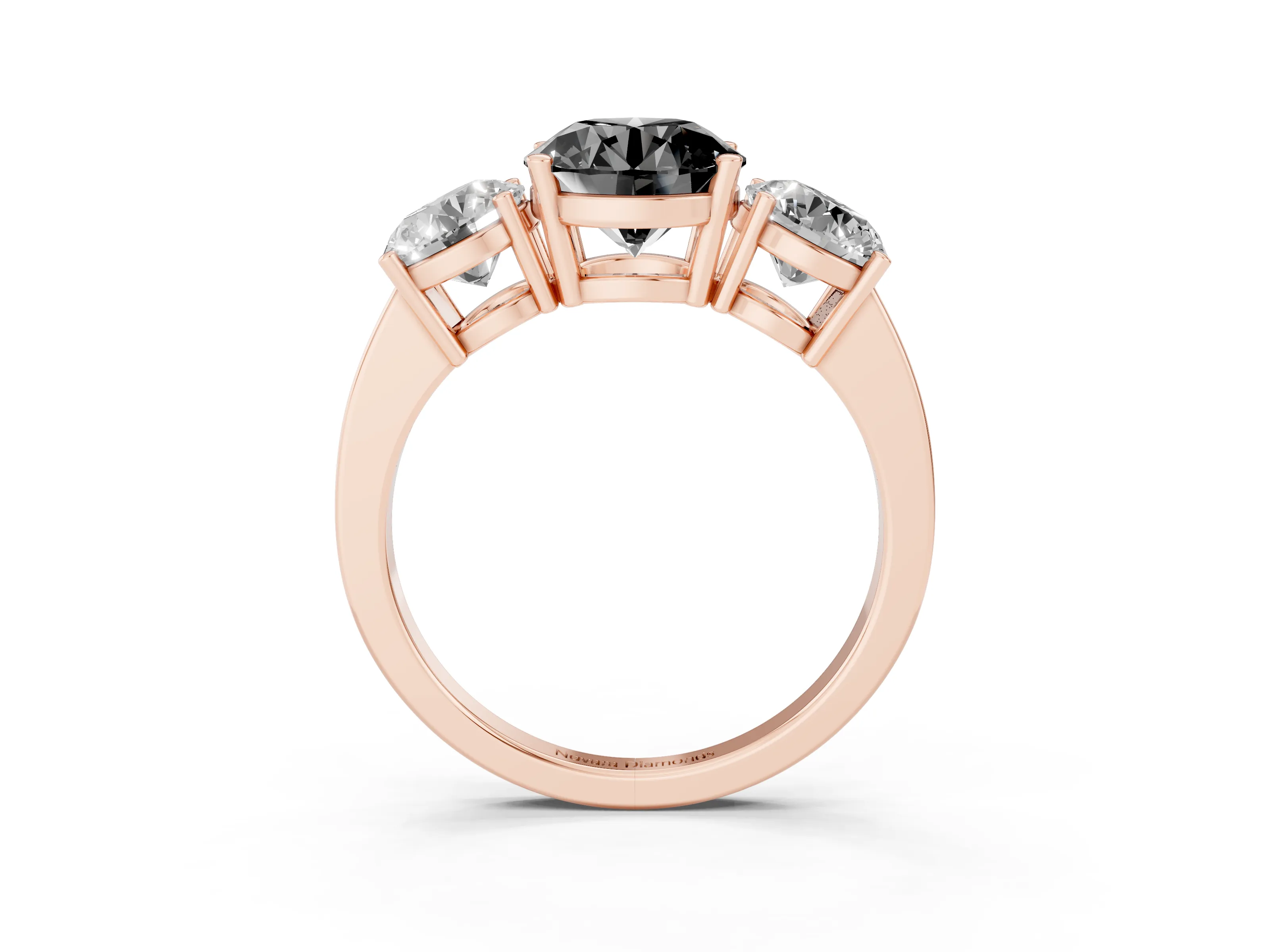 Fancy Black Round Cut Diamond Three-Stone Engagement Ring Set in Rose gold with Flat Band
