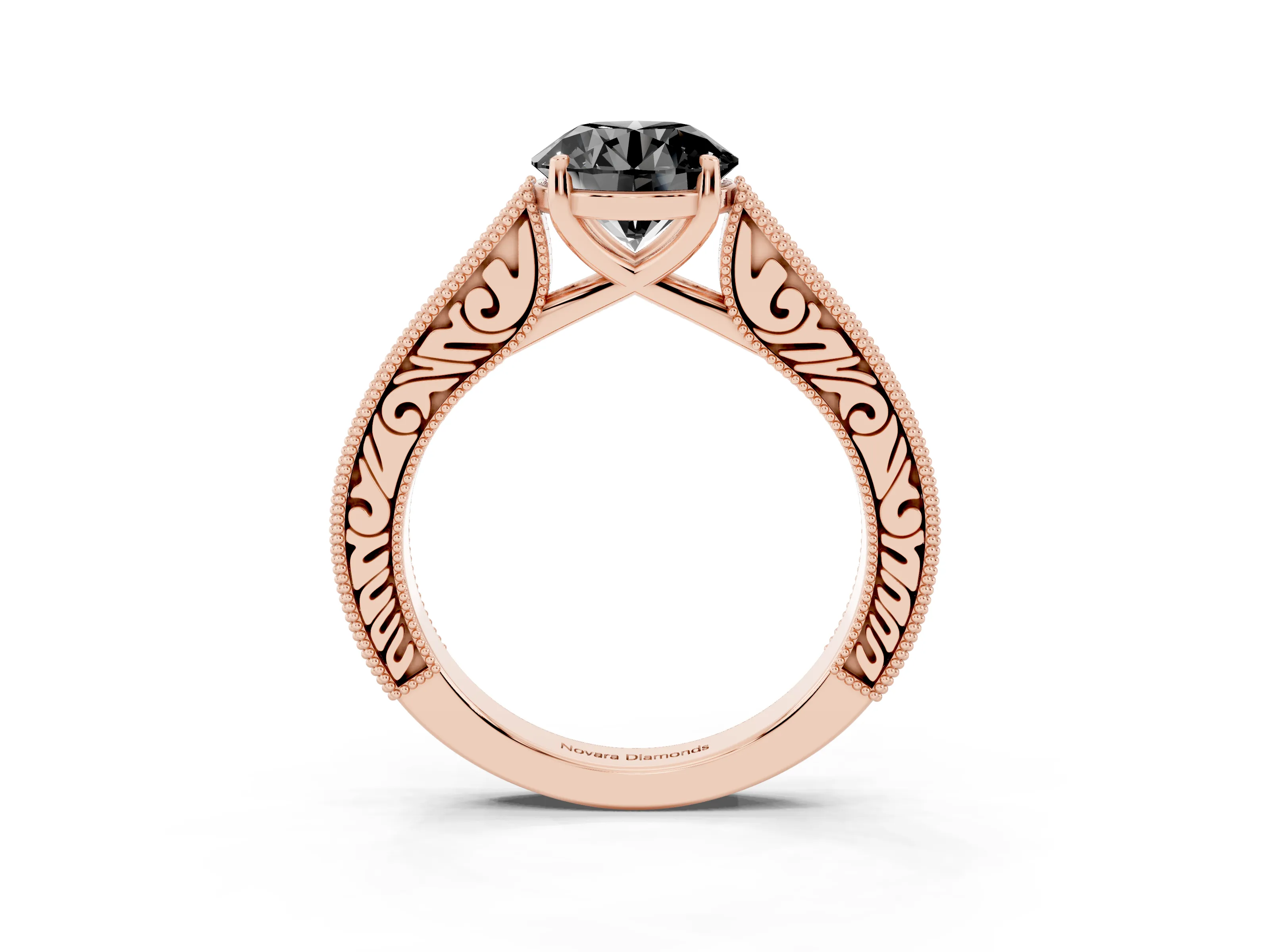 Fancy Black Round Cut Diamond Milgrain Pavé Band Solitaire Ring Set in Rose gold with Prong Setting
