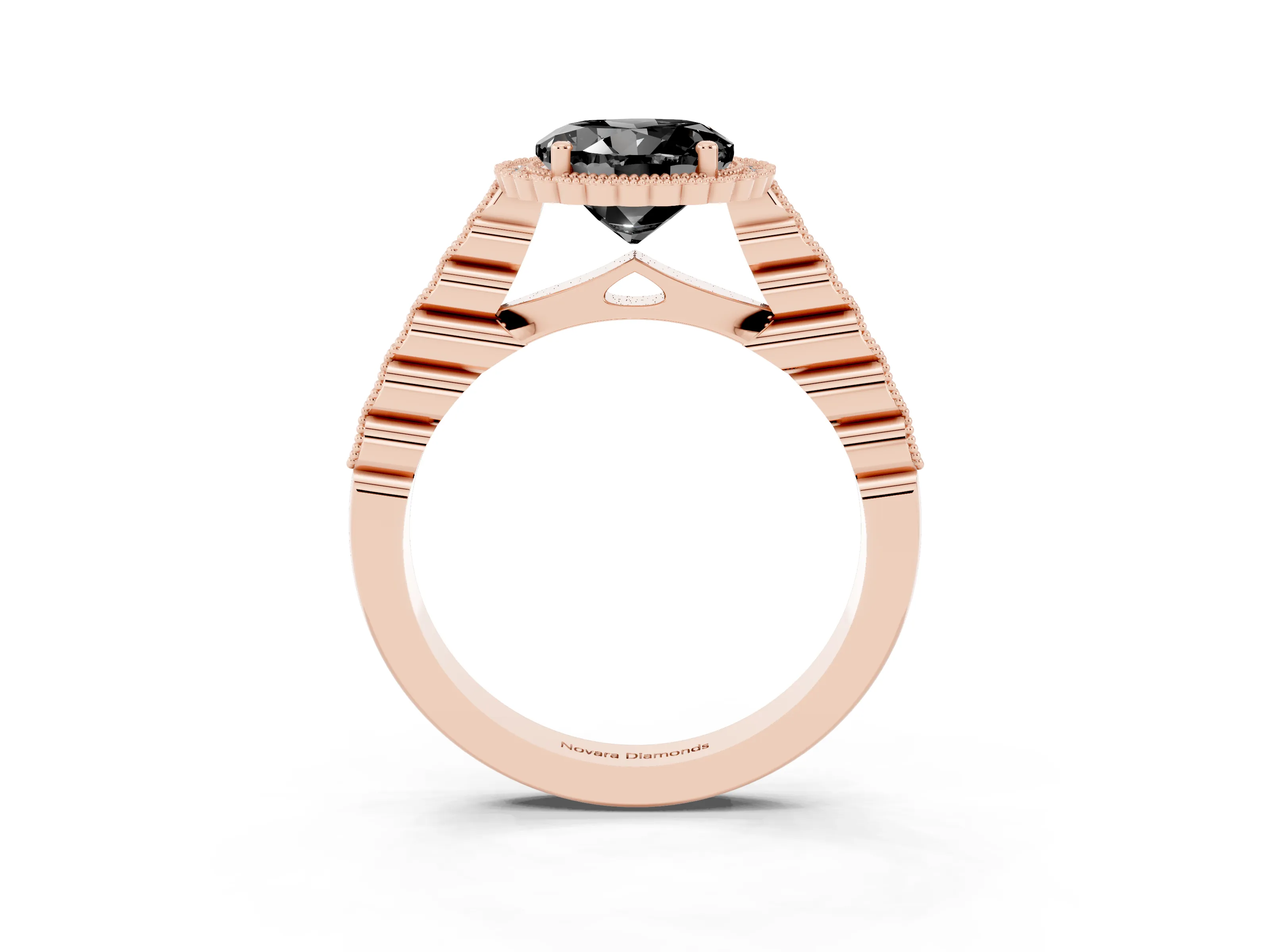 Fancy Black Round Cut Diamond Halo Ring Set in Rose gold with Pavé Milgrain Band