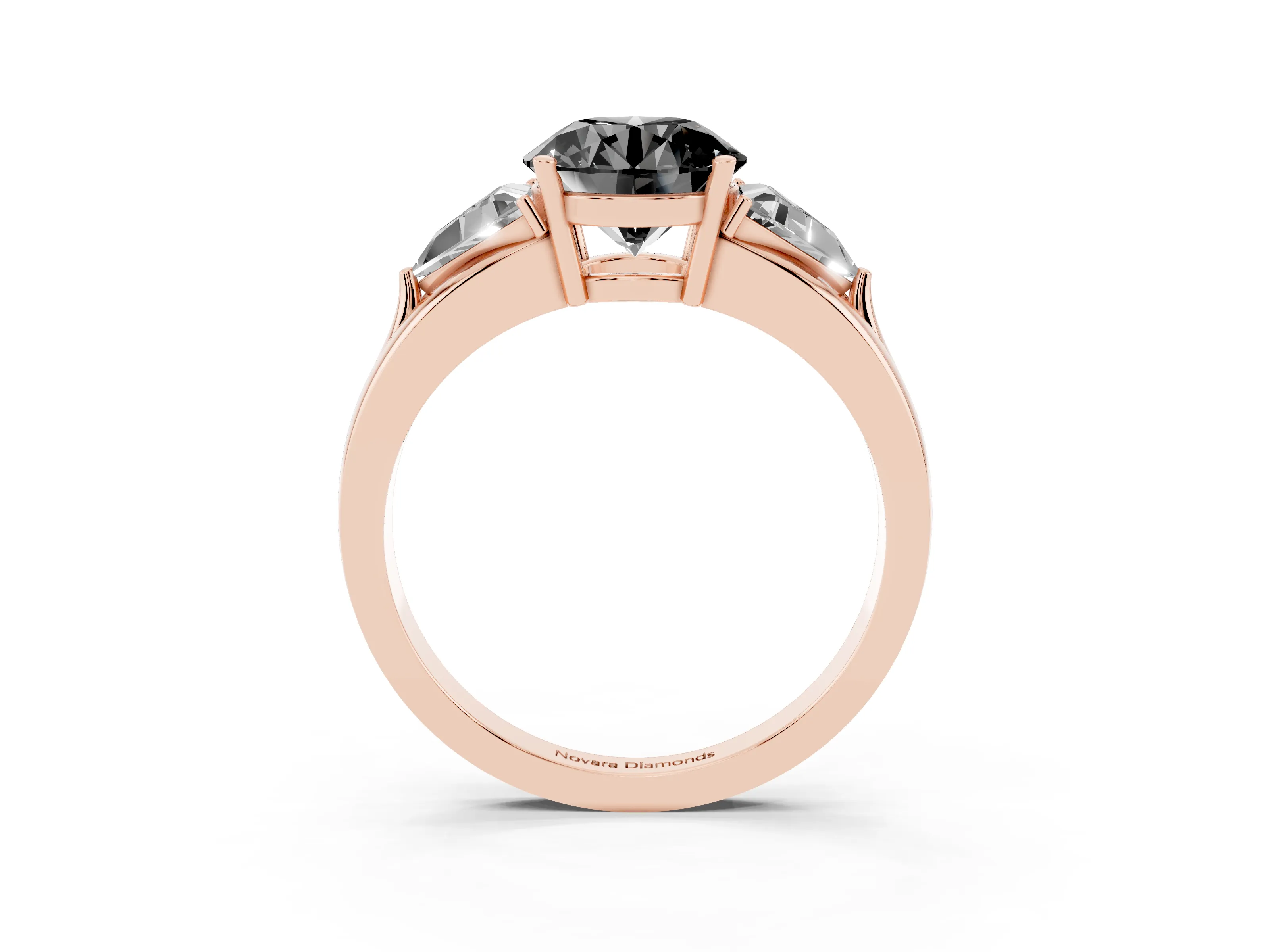 Fancy Black Round Cut Diamond Three-Stone Ring Set in Rose gold with Trillion Side Stones and Split Shank