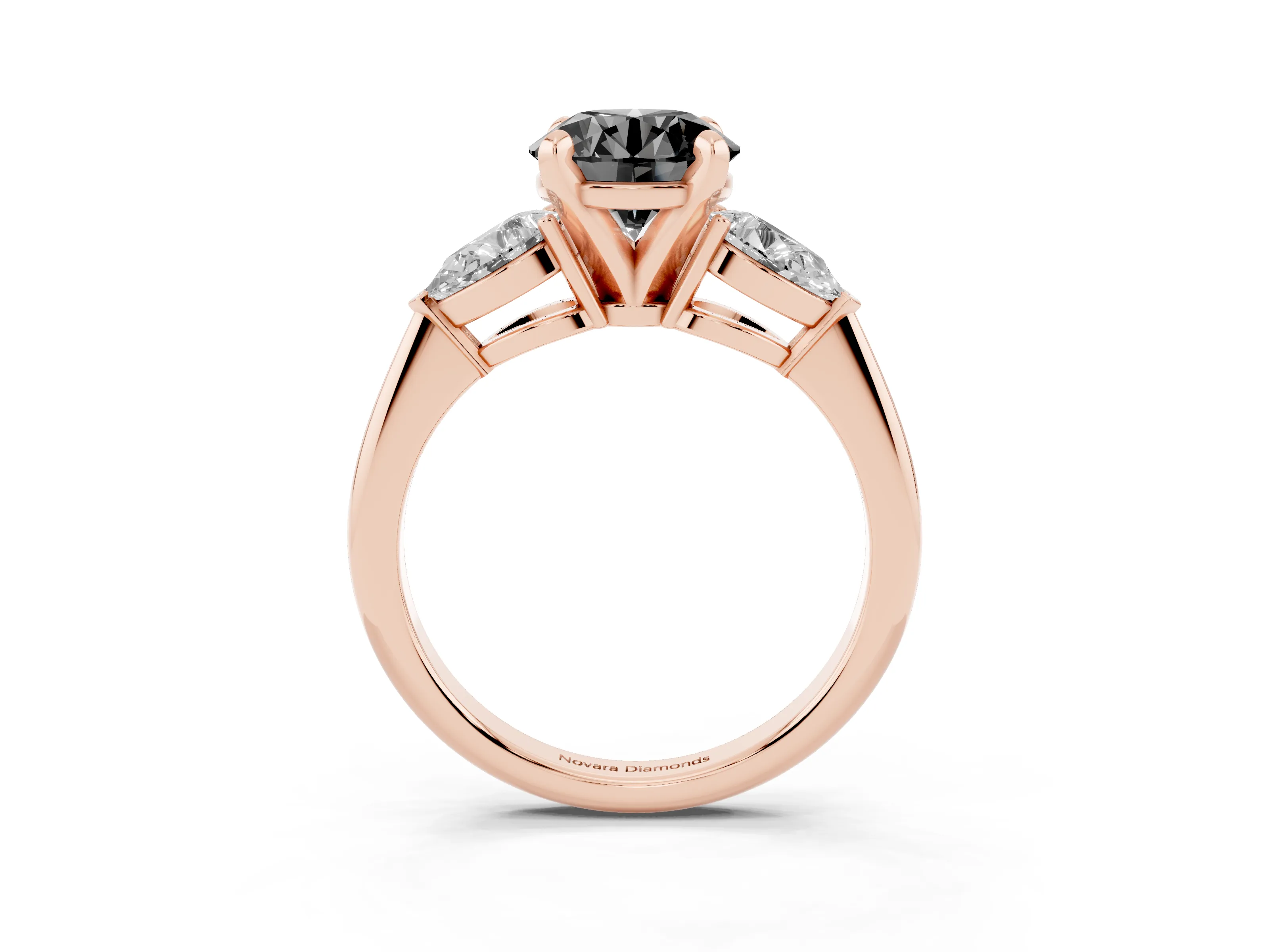 Fancy Black Three-Stone Round Cut Diamond Ring Set in Rose gold with Pear Side Stones and Prong Setting