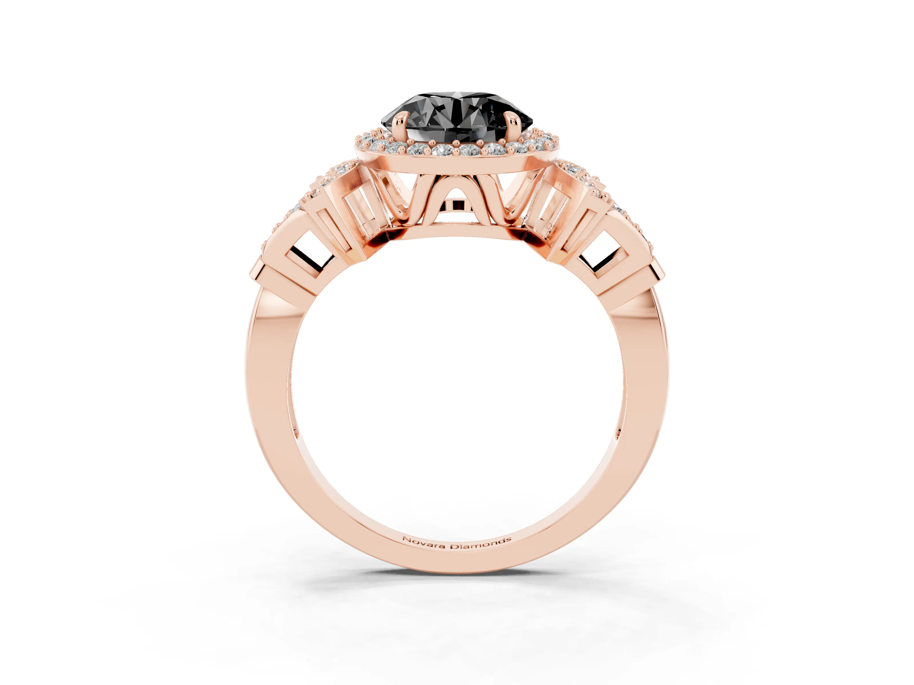 Fancy Black Round Cut Diamond Halo Engagement Ring Set in Rose gold with Accent Stone Split Shank