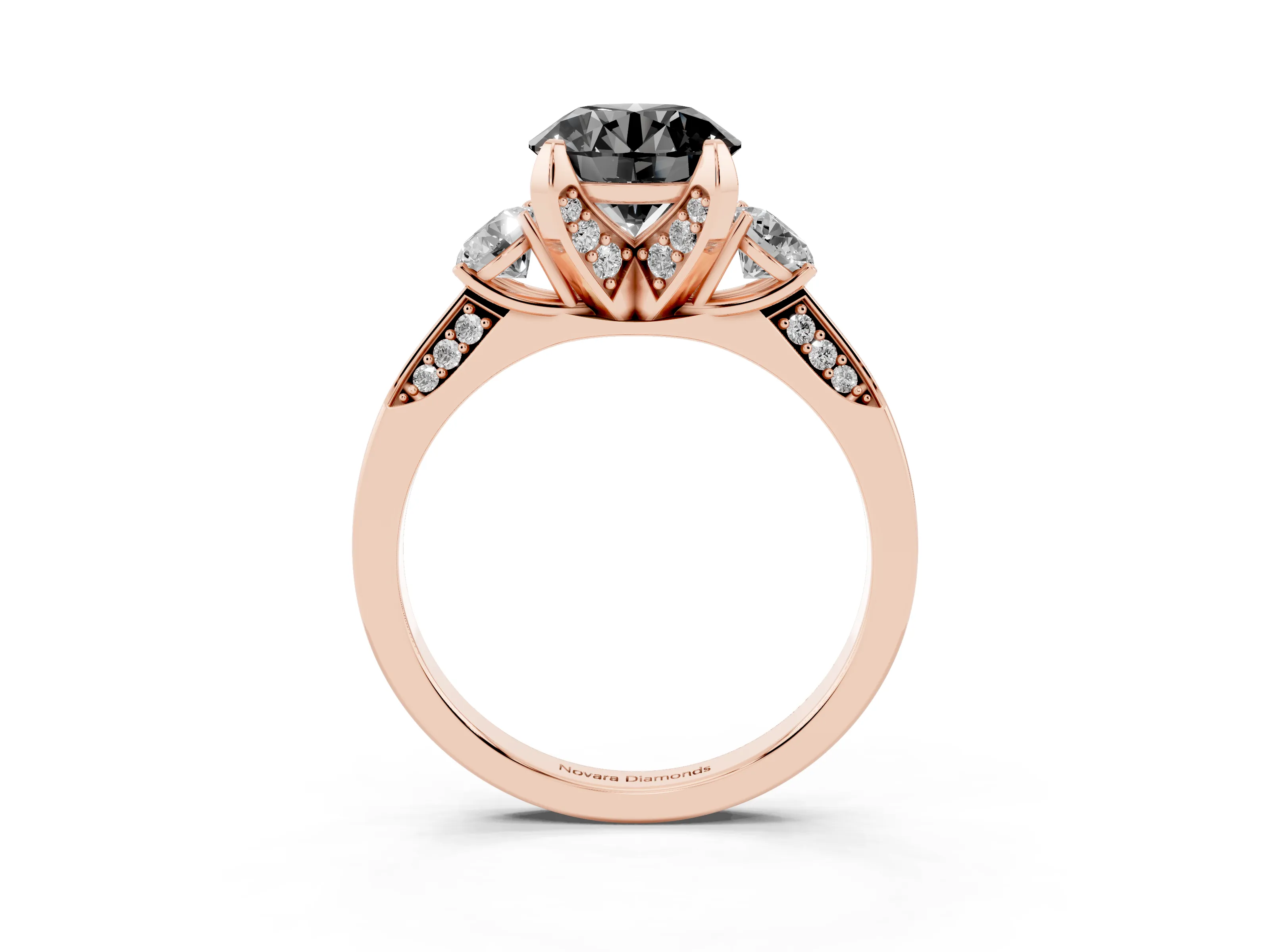 Fancy Black Round Cut Diamond Three-Stone Ring Set in Rose gold with Pavé Band and Smaller Side Stones