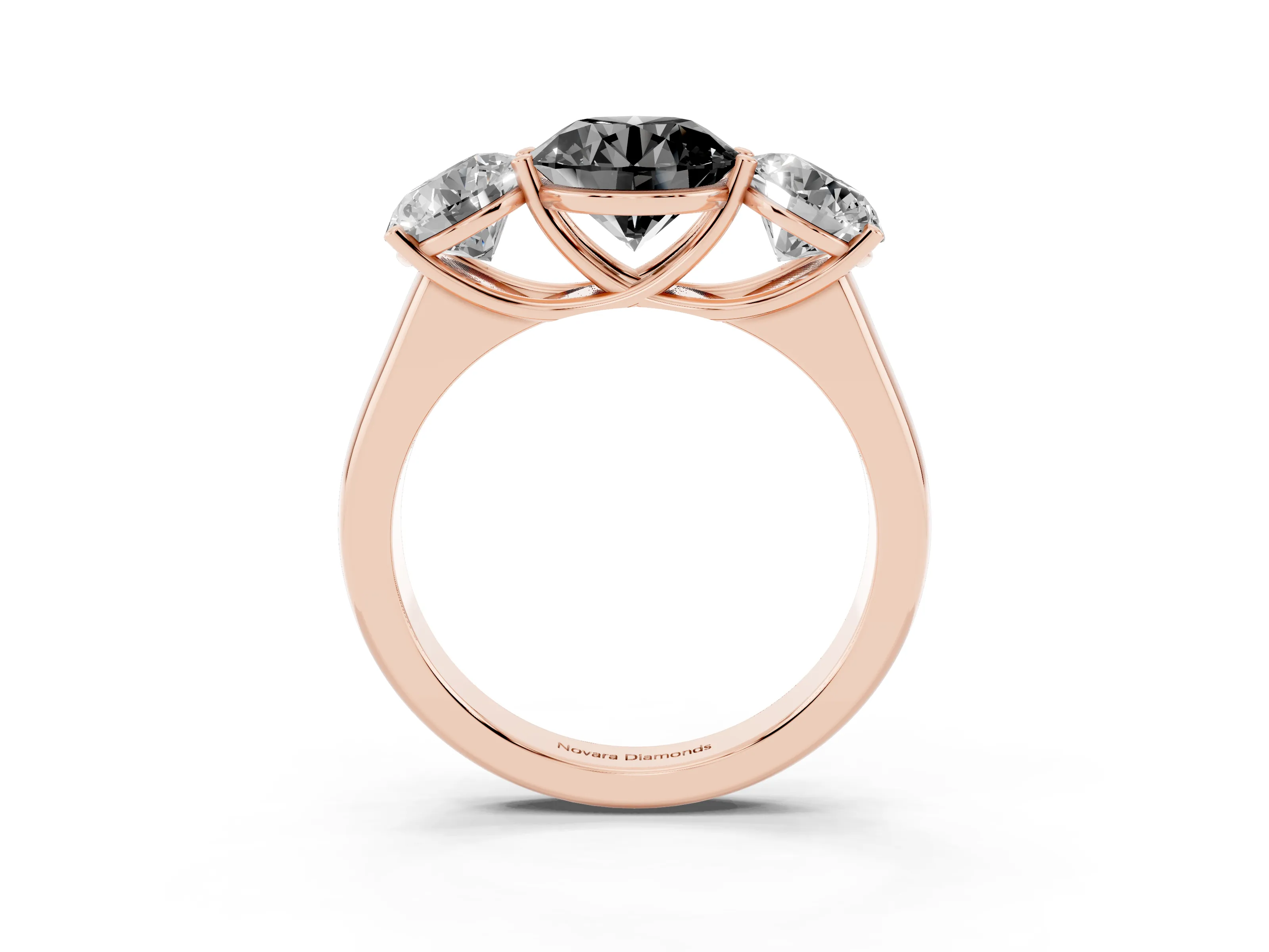 Fancy Black Round Cut Diamond Three-Stone Ring Set in Rose gold with Plain Polished Band