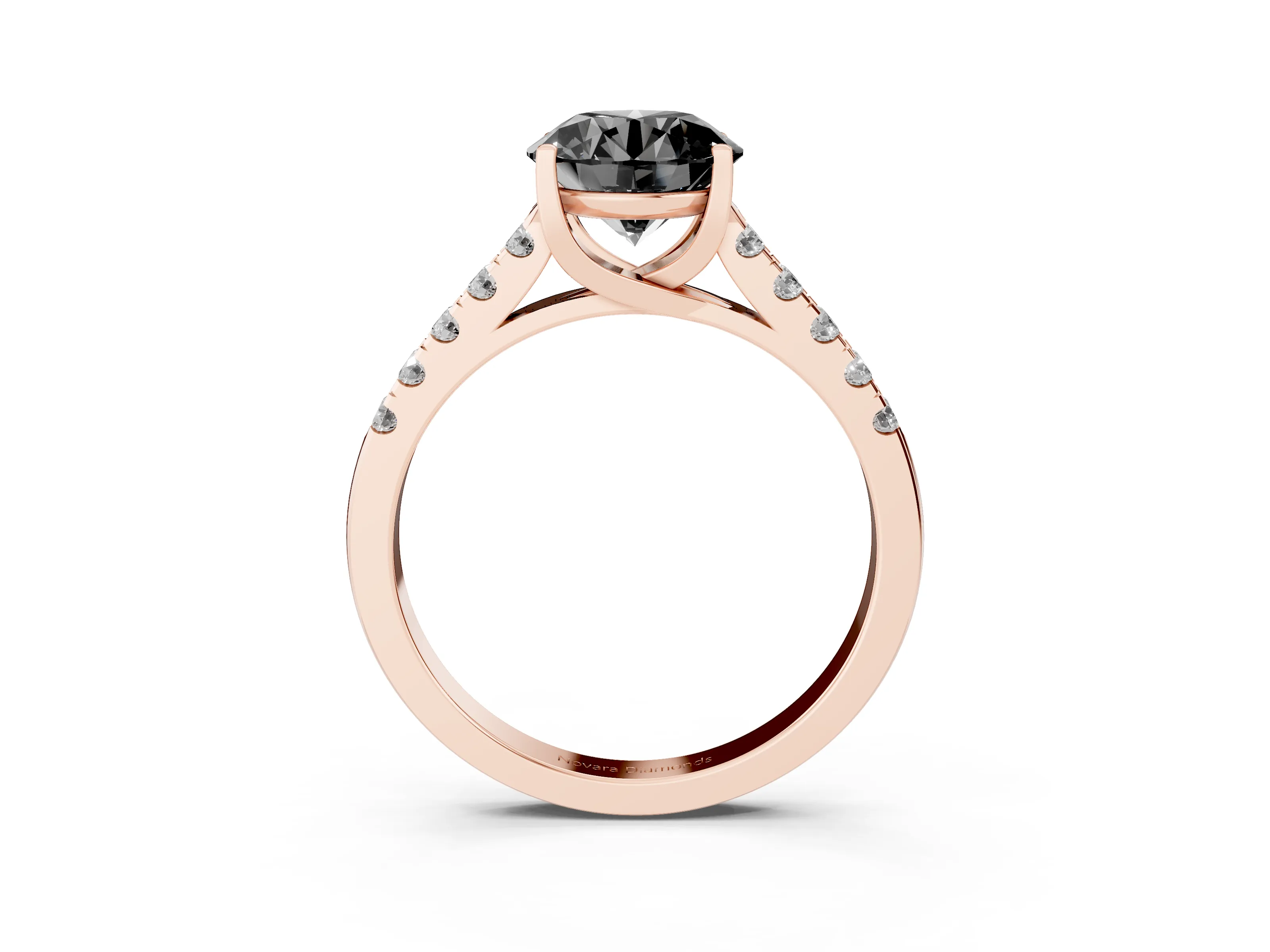 Fancy Black Round Cut Diamond Pavé Band Solitaire Ring Set in Rose gold with Partway Accent Stones and Prong Setting