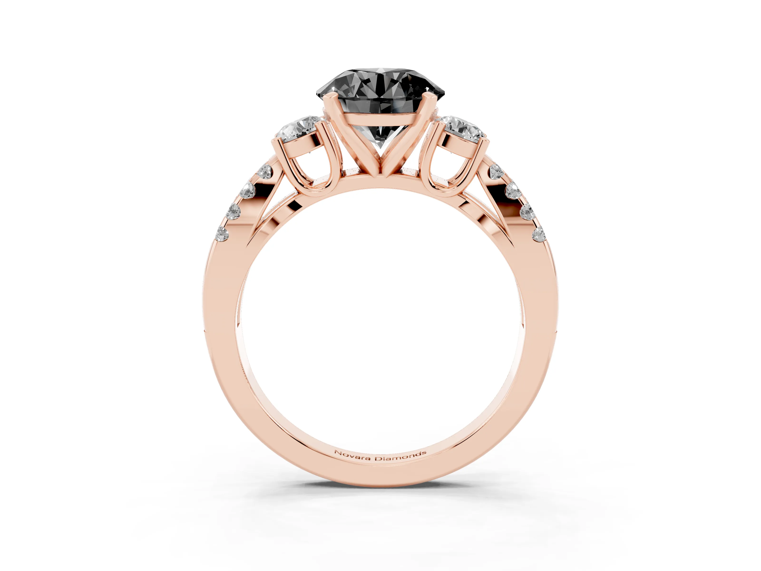 Fancy Black Round Cut Diamond Three-Stone Ring Set in Rose gold with Pavé Split Shank and Prong Setting