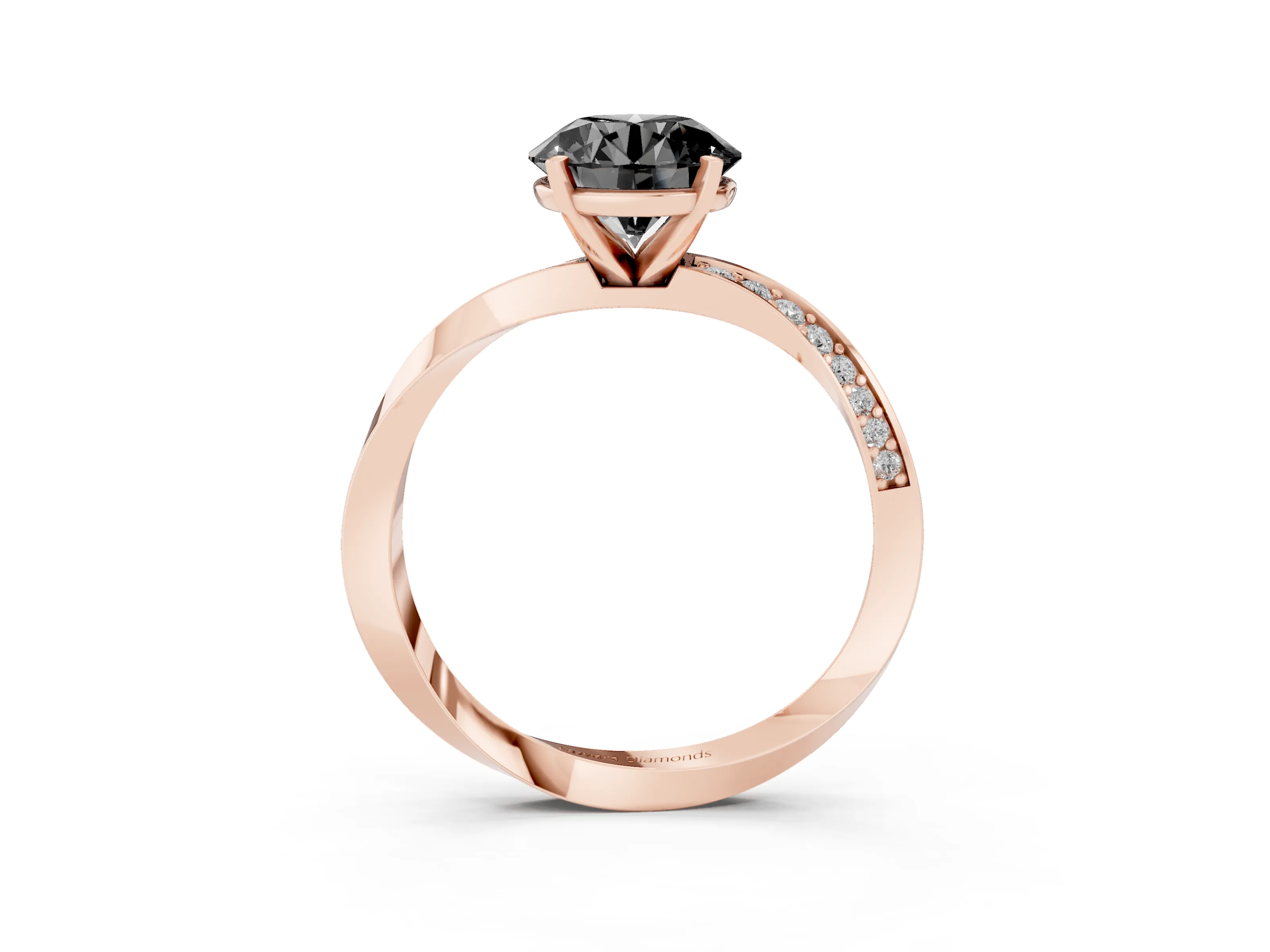 Fancy Black Round Cut Diamond Engagement Ring Set in Rose gold with Side Stone Accents and Prong Setting