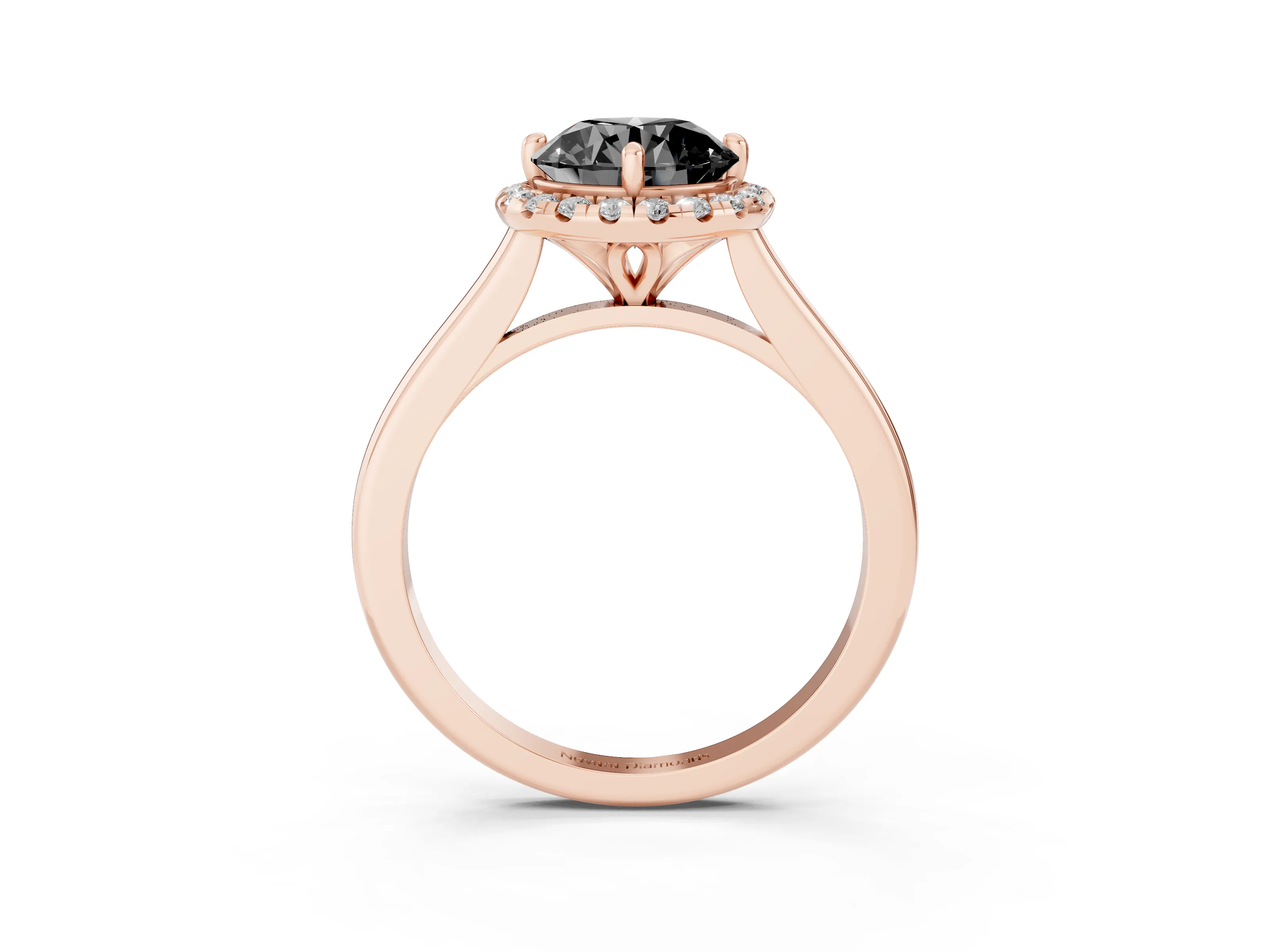 Fancy Black Round Cut Diamond Halo Engagement Ring Set in Rose gold with Pavé Band and Rising Shoulders