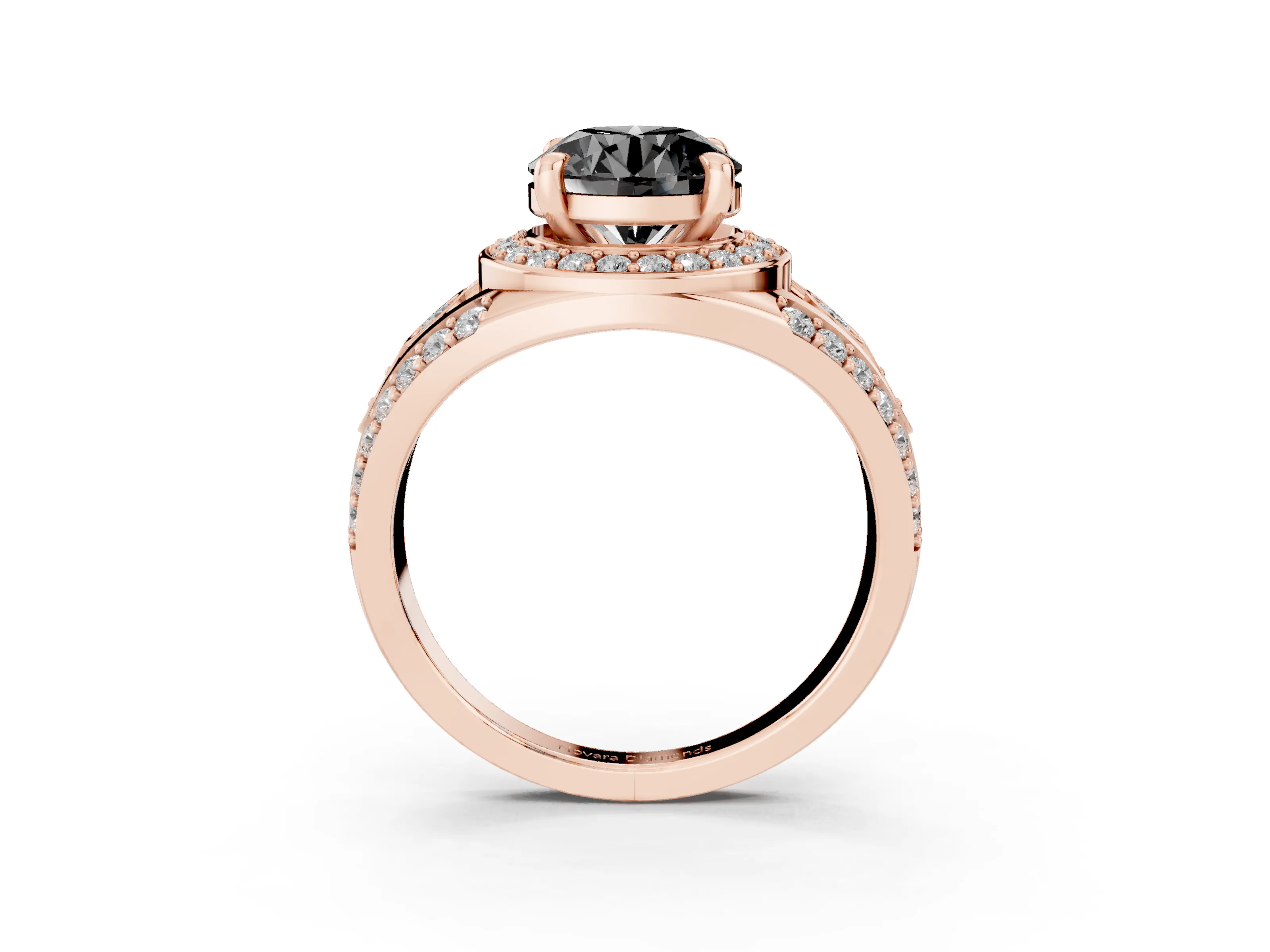 Fancy Black Round Cut Diamond Halo Ring Set in Rose gold with Pavé Split Shank and Bezel Accents